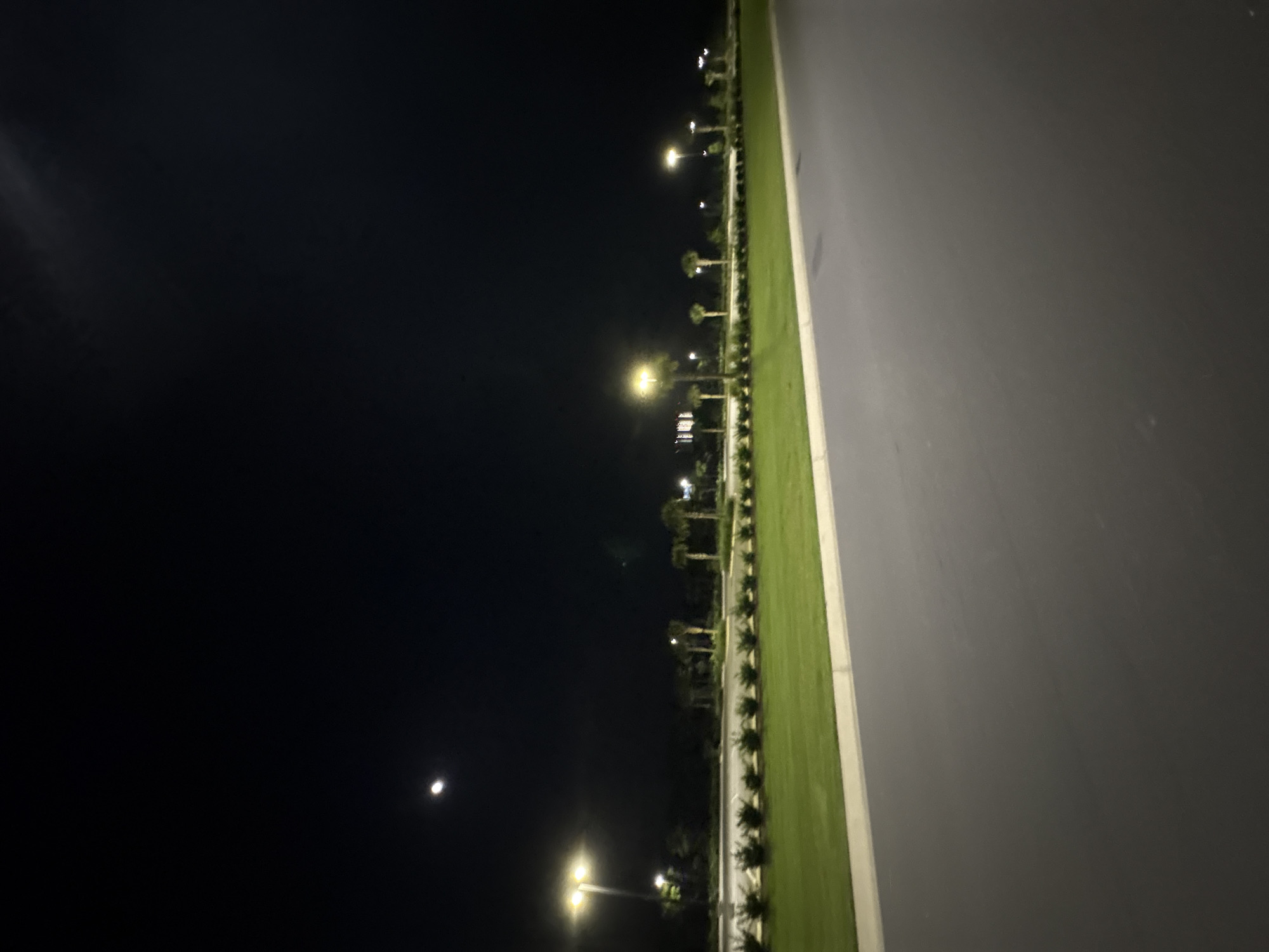 An outdoor, eye-level, medium shot captures a nighttime scene with a bright crescent moon in the upper left quadrant of the dark sky. The foreground features a dark gray asphalt surface extending from the bottom right corner of the frame to the left. This asphalt surface is bordered by a pale yellow curb and then a well-maintained, bright green grassy area.
Beyond the grass, a row of short, manicured bushes runs horizontally across the mid-ground. Behind the bushes, a series of streetlights with visible bulbs illuminate the area, casting a warm glow. Further back, several palm trees are scattered across the scene, their silhouettes visible against the night sky. The background is dark and indistinct, suggesting a dimly lit environment. The scene appears to be an outdoor public space, possibly a park, parking lot, or street in Panama City Beach, Florida, United States of America, given the presence of palm trees and the overall landscaping. No people or specific actions are depicted in the image.