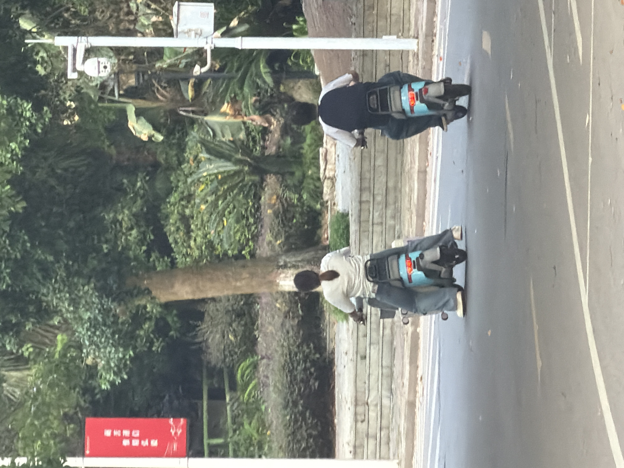 In Jiangjin, China, two individuals are riding electric scooters on a paved road. The scooter on the left is ridden by a person wearing a light-colored shirt and blue jeans, with their hair pulled back in a ponytail. The scooter on the right is ridden by a person wearing a dark-sleeved shirt with white shoulders and dark pants. Both scooters are blue and have a rear cargo rack. The background consists of lush green trees, a beige retaining wall with steps, and a lamppost with a security camera. A red banner with white text hangs from a pole on the left side of the frame. The sky is not visible, and the lighting suggests it is daytime.