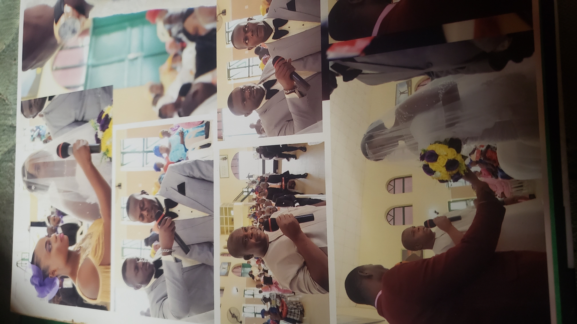 A collage of four photographs depicts a wedding ceremony. The top left photo shows a woman in a gold dress with a purple bow in her hair, holding a microphone. She is looking to her left, away from the camera. Beside her, a person in a white wedding dress and veil is holding a microphone.
The middle left photo features two men in grey suits and bow ties. The man on the left is holding a microphone up to the mouth of the man on the right, who is speaking into it.
The bottom left photo shows a man in a light grey shirt speaking into a microphone. He is standing in front of a crowd of people seated in chairs. The background includes windows and a staircase.
The bottom right photo shows a bride in a white wedding dress and veil, holding a bouquet of yellow and purple flowers. She is standing next to a man in a dark red suit. Another man in a grey suit is to the right of the bride. The background appears to be an indoor venue with arched windows.
The overall scene suggests a wedding taking place in Sabon Tasha, Nigeria, likely within a church or hall given the presence of seating and decorative elements. The photographs capture moments of speaking into a microphone, suggesting vows or speeches being delivered.