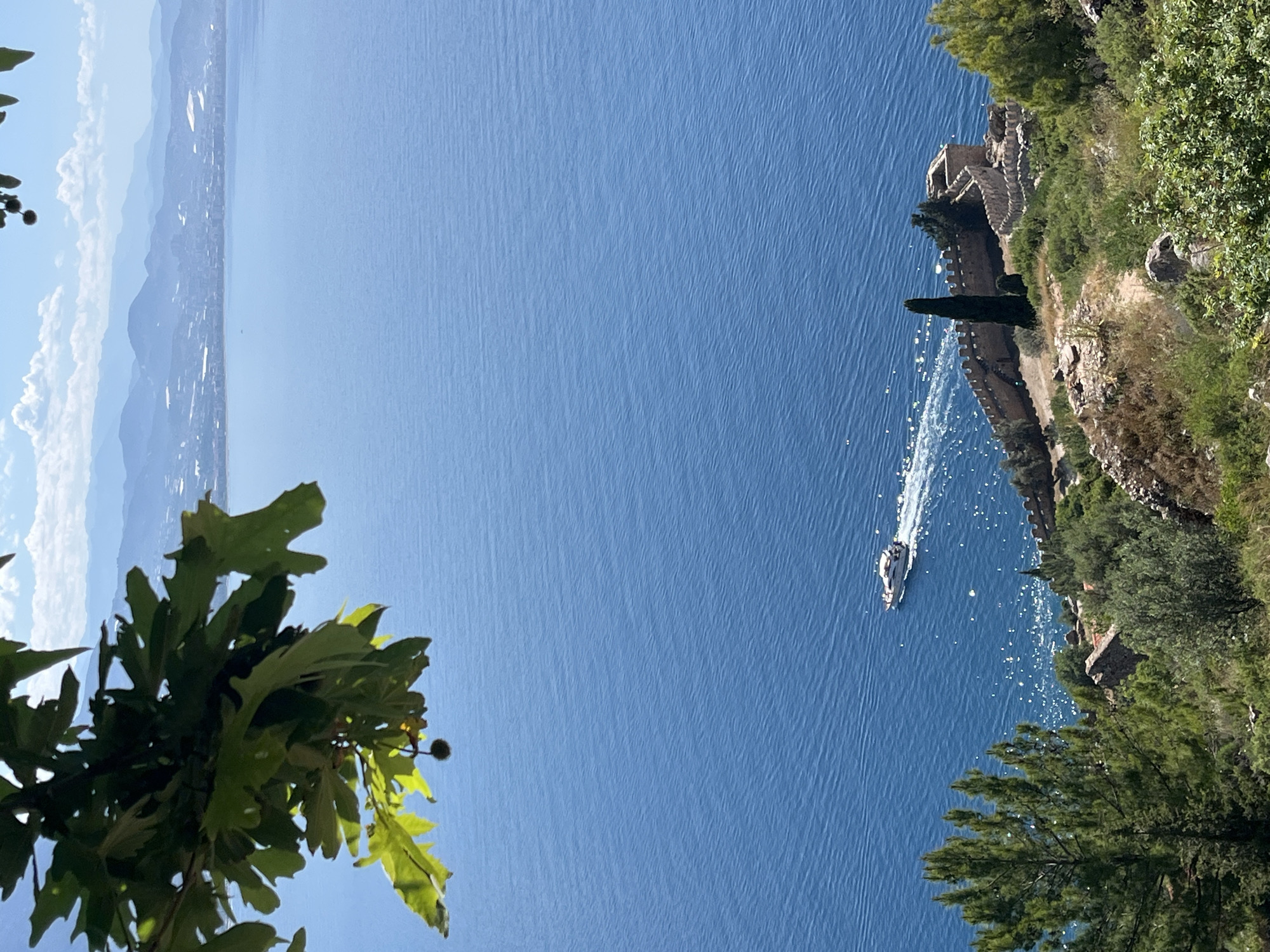 An aerial view of the coast of Alanya, Turkey, features a turquoise sea, framed by a rocky coastline covered with green vegetation on the right side and a cityscape backed by mountains on the left. A boat cuts through the water, leaving a white wake. Part of a tree with green leaves is visible in the lower left corner. The coastline on the right includes stone structures, potentially ruins or parts of the city’s historic castle.