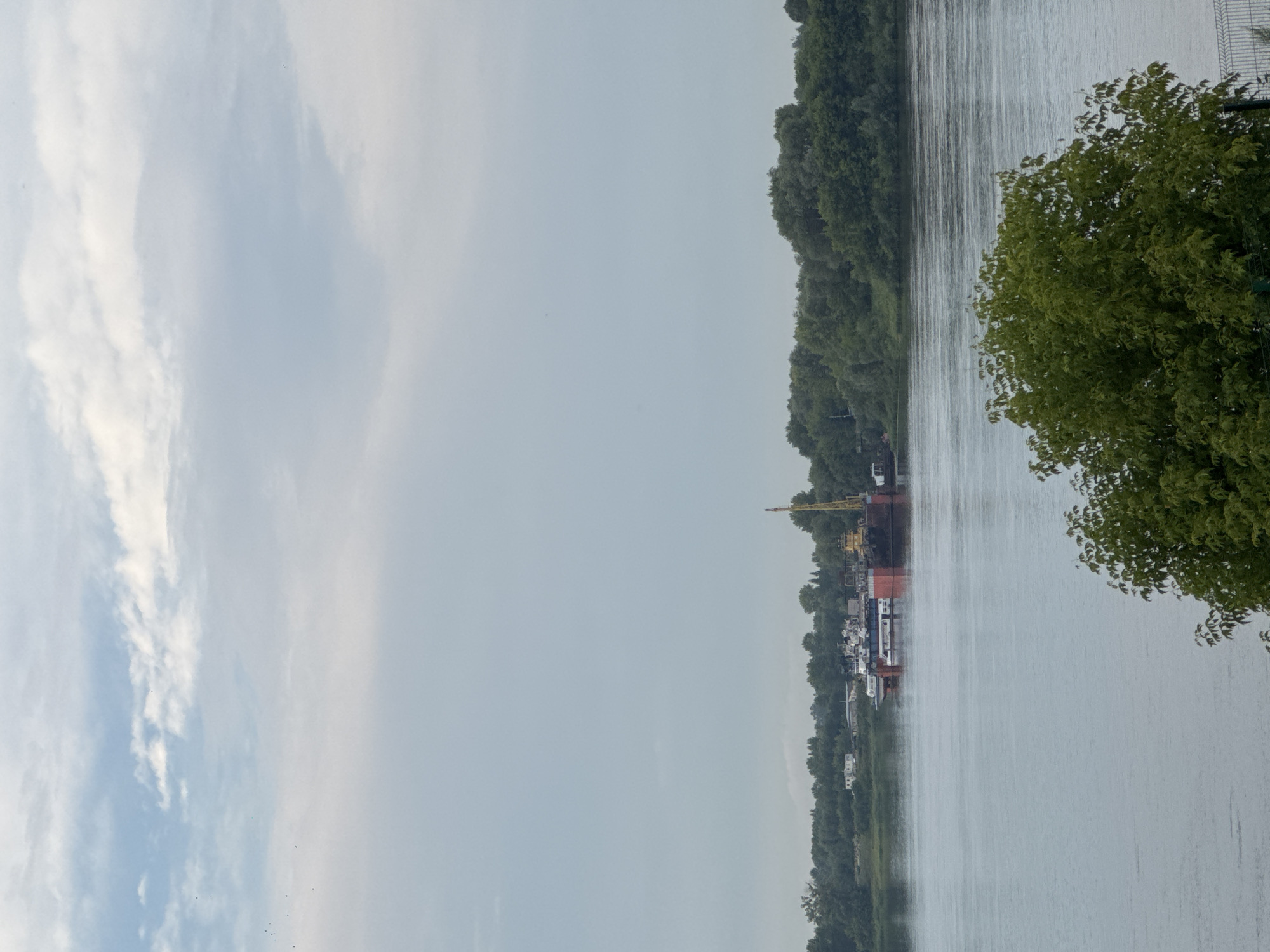 The image depicts a wide river with several barges and a crane docked along the opposite bank. The river is calm, reflecting the overcast sky. The far bank is densely forested with deciduous trees, and some small buildings are visible nestled among the trees. A prominent yellow crane stands out against the green foliage. In the foreground, the branches of a leafy green tree obscure the bottom right corner of the image. This scene is likely located along the Volga River in Nizhny Novgorod, Russia, a city known for its extensive riverfront and industrial activity.