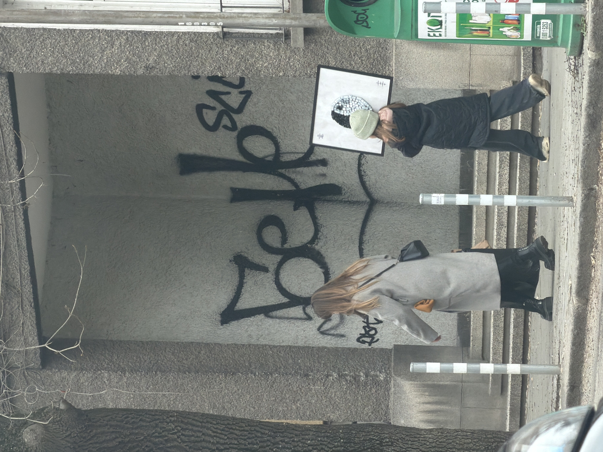 The scene shows a sidewalk in Sofia, Bulgaria, with a concrete underpass wall covered in graffiti. Two women are walking past the wall. One woman is carrying a framed picture of a Yin and Yang symbol. The other woman is wearing a grey coat and black boots. Silver and white striped bollards stand along the sidewalk. A green recycling bin is visible, and parts of a tree and a car are in the foreground.