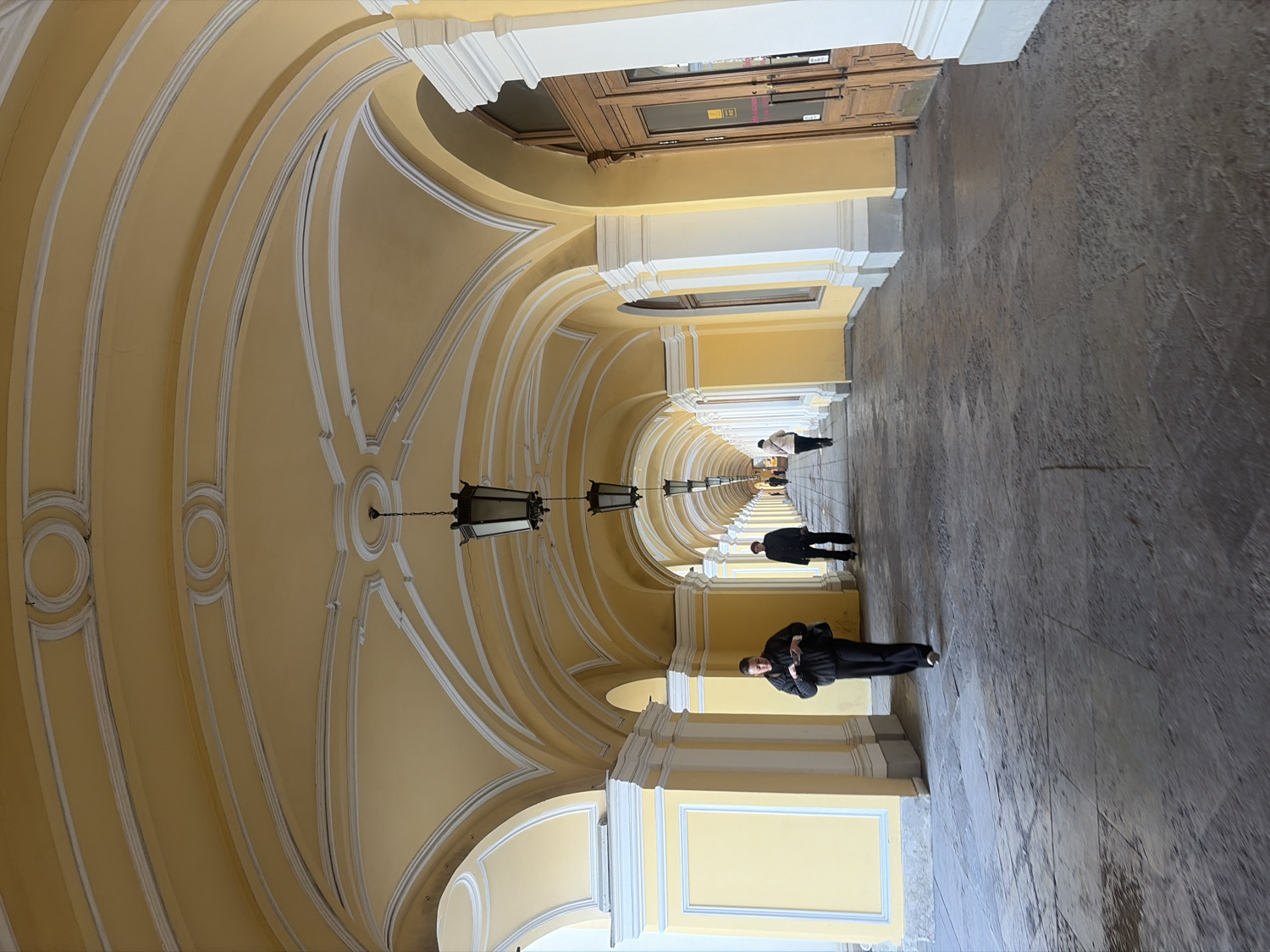 The image depicts a long, arched corridor or gallery, characterized by classical architecture. The perspective looks down the length of the passageway, creating a sense of depth and leading the eye towards the distant end.
The most striking features are the vaulted ceiling and walls, uniformly painted in a warm, light yellow color. The ceiling is intricately decorated with white architectural ribs and circular motifs, adding ornate detail to the structure. Several dark, rectangular lanterns with hanging chains are suspended at regular intervals from the ceiling, illuminating the space.
On the right side of the corridor, yellow walls with white trim frame a series of windows and large wooden doors, some with glass panels. These suggest shops, offices, or other rooms lining the arcade. The floor is a dark grey, textured material, possibly stone or concrete, appearing somewhat worn.
Several people are present in the corridor. In the foreground, on the left side, a person dressed in black pants and a black jacket is standing or leaning. Further down the passageway, towards the center, another person in dark clothing walks away from the viewer. In the far distance, additional indistinct figures can be seen, also moving through the corridor. The activity appears to be casual movement through a public thoroughfare.
The lighting suggests it is daytime, likely an interior or covered outdoor space, as there are no strong shadows indicative of direct sunlight. The grand scale and architectural style are consistent with structures found in Saint Petersburg, Russia. No discernible text is clearly visible on any signs or doors.