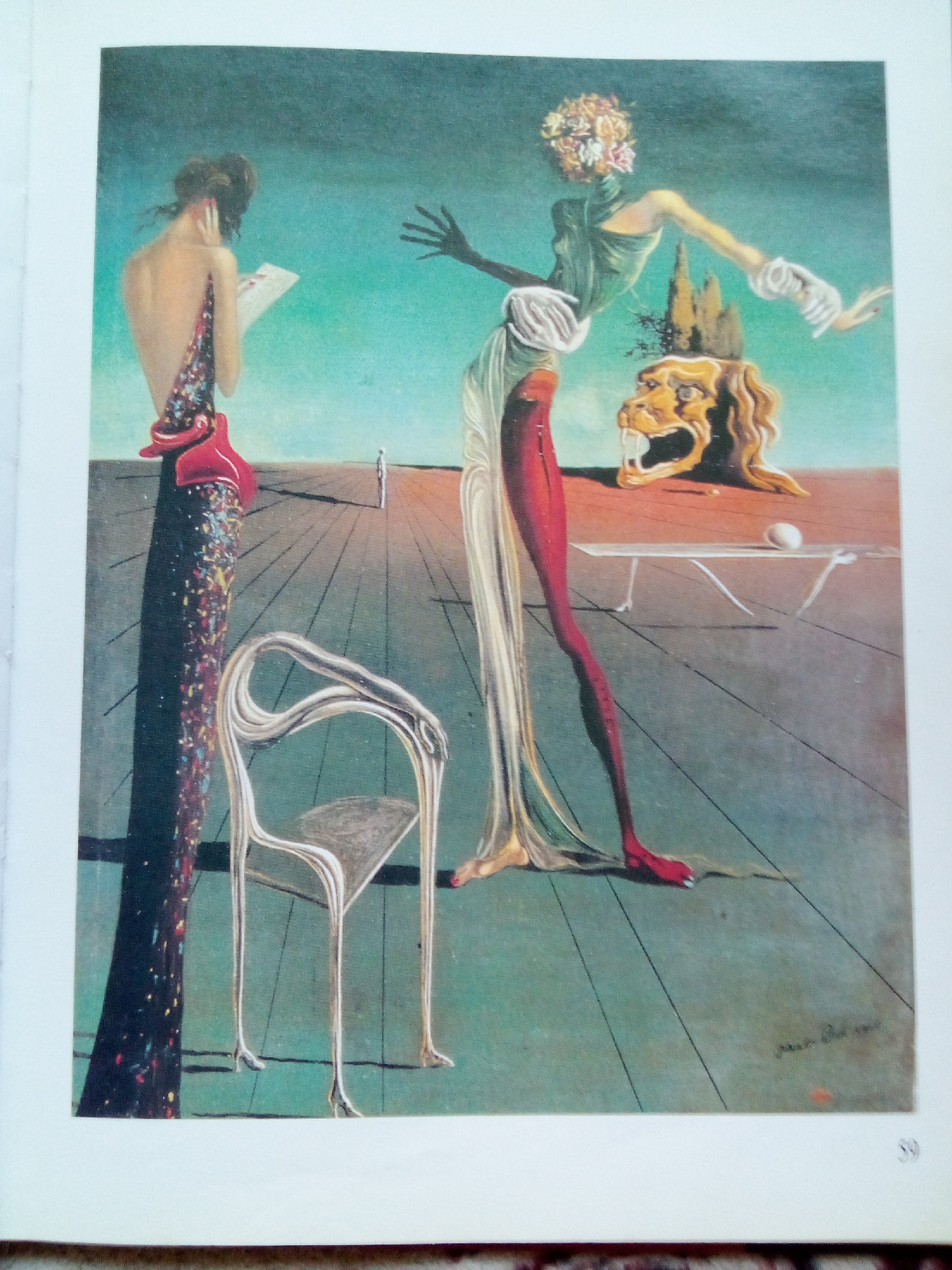 The image is a painting depicting a surreal landscape. In the foreground, to the left, a figure with its back to the viewer stands holding a piece of paper. This figure is wearing a dark, patterned garment with a red, cone-shaped headdress. To the right of this figure is a peculiar chair with thin, curved legs that end in high heels.
In the center and right of the painting, a second, more elongated figure stands. This figure is draped in flowing green fabric and has a head composed of flowers. It is wearing white gloves and its right arm is extended. Below and to the right of this figure, a lion's head with its mouth open appears, emerging from a rocky formation. On a flat surface in front of the lion's head is an egg and a glass-like structure with thin legs. The background shows a vast, flat plain with a distant, solitary figure and a receding checkered pattern on the ground, suggesting an expansive, desolate environment. The sky is a gradient of teal and green.
There is no visible indication or context provided within the image itself to associate it with the city of Zhmerynka, Ukraine.