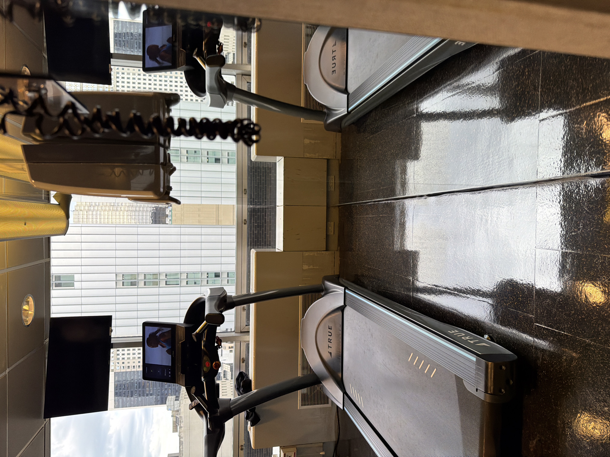 The image depicts two "TRUE" brand treadmills in a fitness center, likely situated in a high-rise building, evidenced by the cityscape visible through the windows. The treadmills are aligned parallel to each other on a shiny, possibly tiled floor. One treadmill is on the left, oriented to face away from the viewer, while the other is to the right. The windows offer a view of New York City. The presence of city buildings indicates that the location is within New York City, United States of America.
