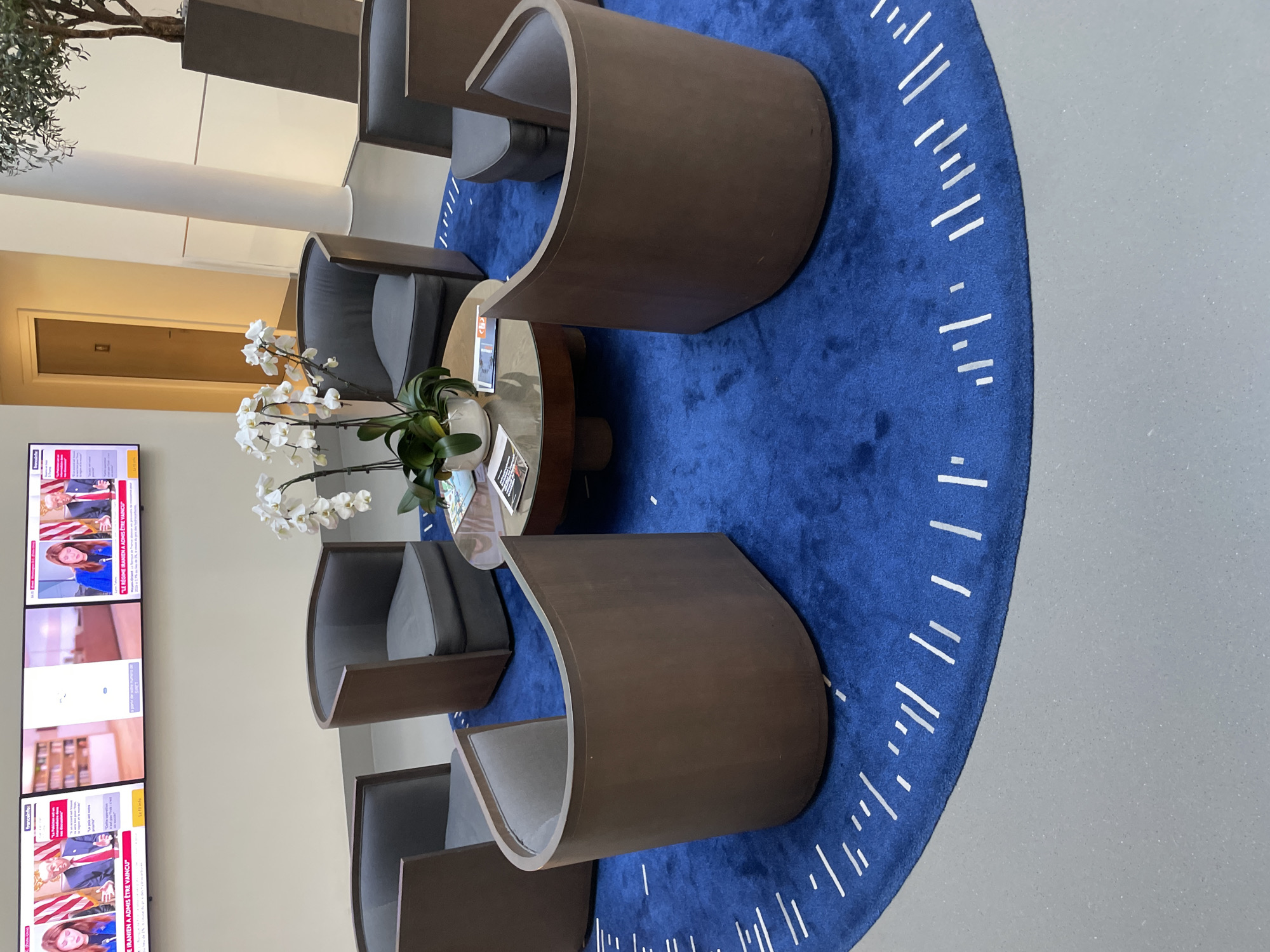 This image depicts a modern, unoccupied waiting area or lounge within a building in Paris, France. The presence of "franceinfo:" on the display screens and French text, including "LE RÉGIME IRANIEN A ADMIS ÊTRE VAINCU" and "A partir de votre numéro de SIRET," confirms the French context.
The scene features seven individual armchairs, arranged in a semi-circular configuration around a central round coffee table with a glass top. The armchairs possess dark brown or taupe curved outer shells and dark gray upholstered seats and backrests. On the coffee table, a white orchid plant in a white ceramic pot is visible, accompanied by several magazines or brochures. Beneath this arrangement lies a large, round royal blue rug adorned with short, white dashed lines, which partially covers the light gray, speckled floor.
Mounted high on the light-colored wall are three flat-screen televisions. The left and right screens display news content from "franceinfo:", showing split images of a woman in a blue top and a man in a suit, with a prominent headline in French regarding "the Iranian regime." The middle screen displays different, more abstract content, also with a "franceinfo:" logo and French text. In the background, a light-colored door is partially visible, along with a tall white cylindrical pillar and a large, dark gray rectangular planter containing a tall, slender plant (possibly an olive tree). No individuals are present in the immediate scene.