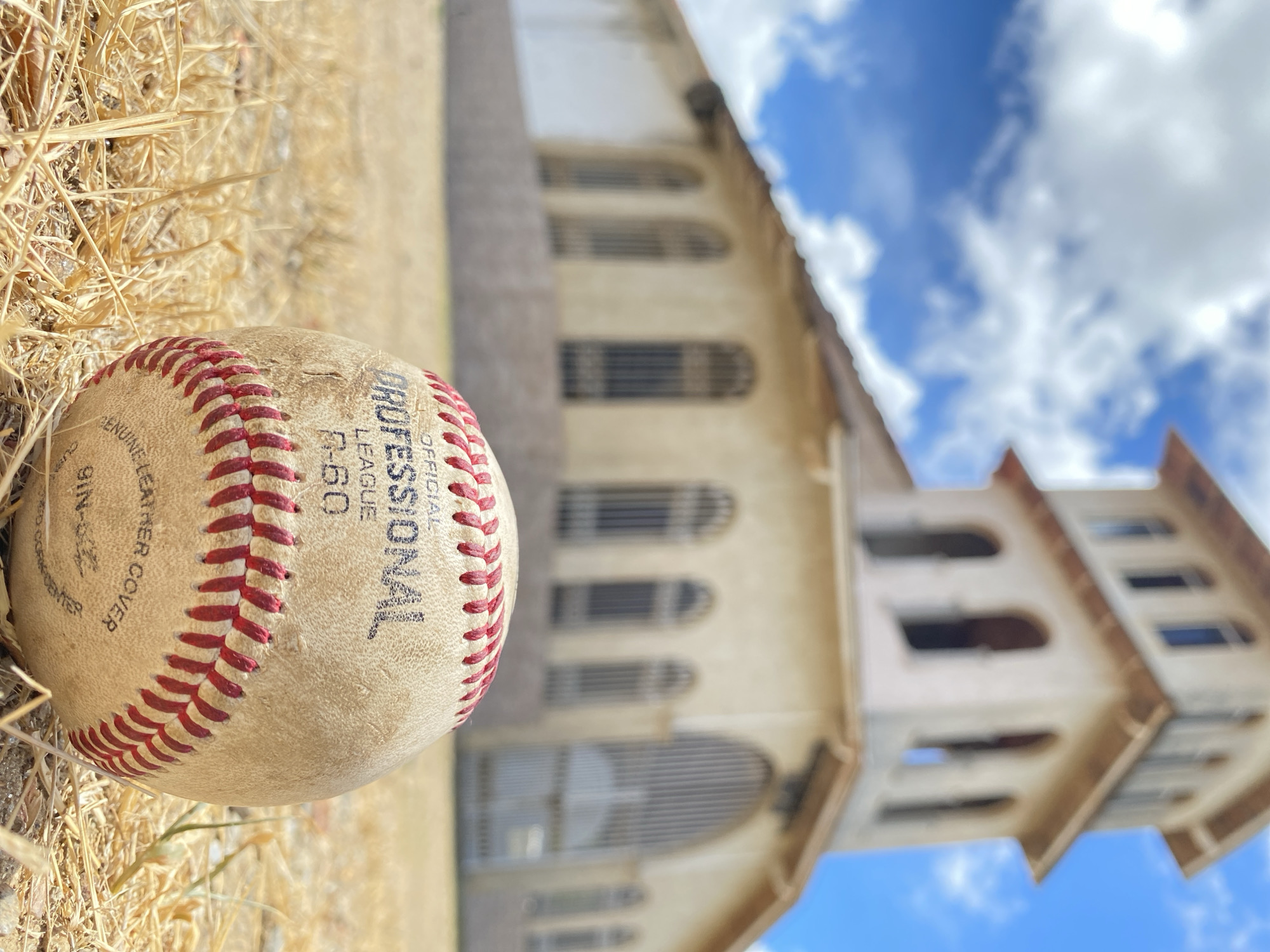 The image shows a baseball lying on dry grass in front of a blurred building under a partly cloudy sky. The baseball is labeled "Professional League" and has red stitching. The building is off-white with arched windows. The sky is blue with white clouds. The location of the image is in Juan Griego, Venezuela.