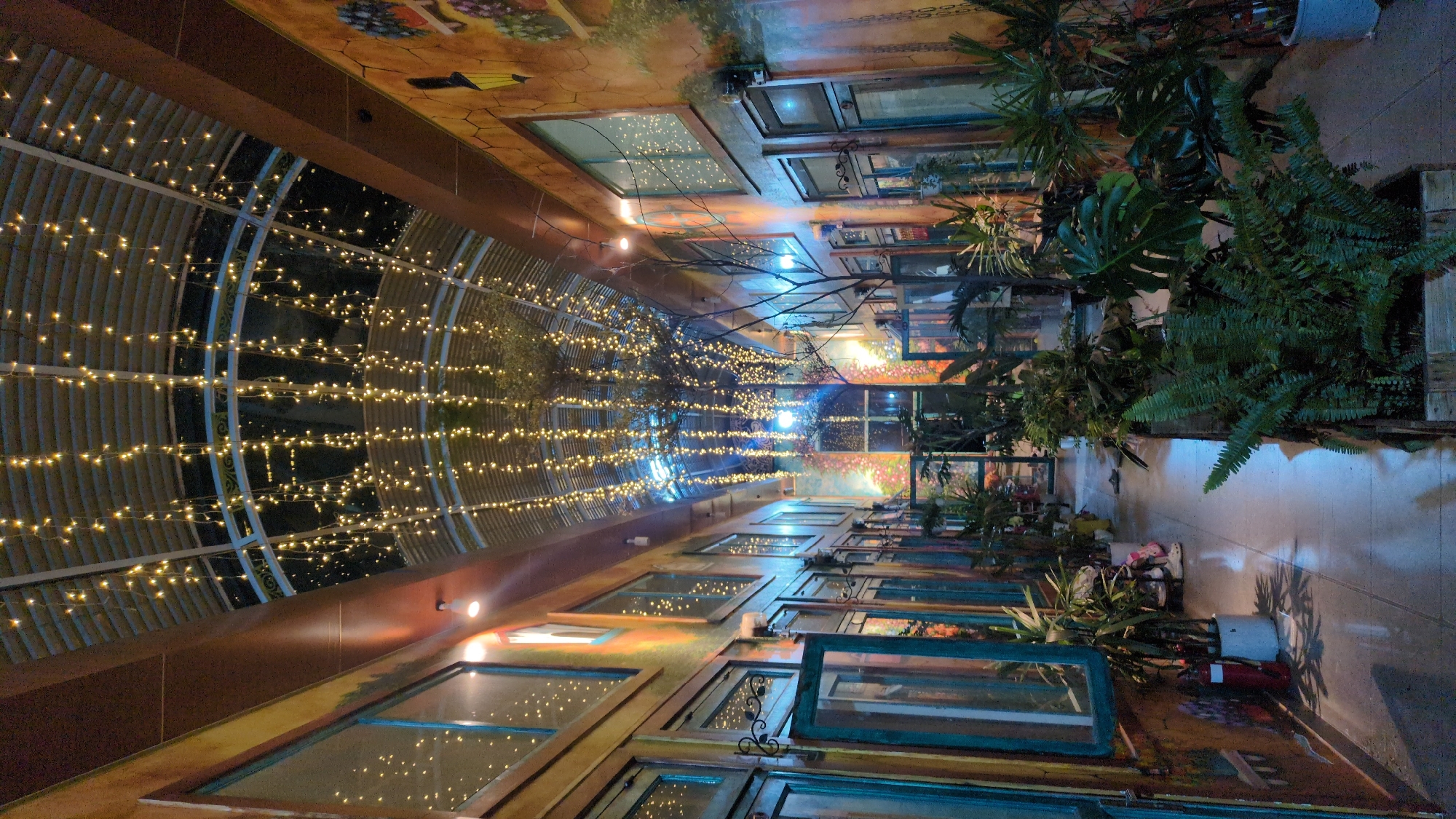 The image captures a whimsical alleyway in Da Lat, Vietnam, known for its artistic and vibrant ambiance. The perspective is from the ground, angled upwards, emphasizing the whimsical architecture and the decorative lighting.
On either side of the alley, walls are adorned with faux windows, creating the illusion of multi-storied buildings. These windows have a rustic, painted appearance.
Overhead, strings of fairy lights are strung across the alley, creating a canopy of warm, glowing points. These lights add to the magical atmosphere.
On the right side of the alley, lush green plants in planters line the walkway, contributing to the garden-like setting.
The flooring is a glossy surface, reflecting the overhead lights and the elements of the alley, enhancing the visual depth of the scene. The absence of people in the frame contributes to a serene, slightly surreal atmosphere.