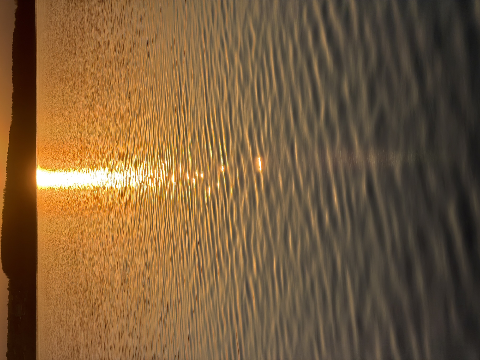 The image captures the sun reflecting off the water of the Izhevsk Pond in Izhevsk, Russia. The sun's reflection creates a bright, golden line across the water's surface, with individual glints of light scattered along the line. Small waves create a rippled texture on the water, visible in varying shades of gray and gold. The far bank of the pond is visible as a dark line against the bright sky. The image is oriented vertically, with the land appearing on the left side.