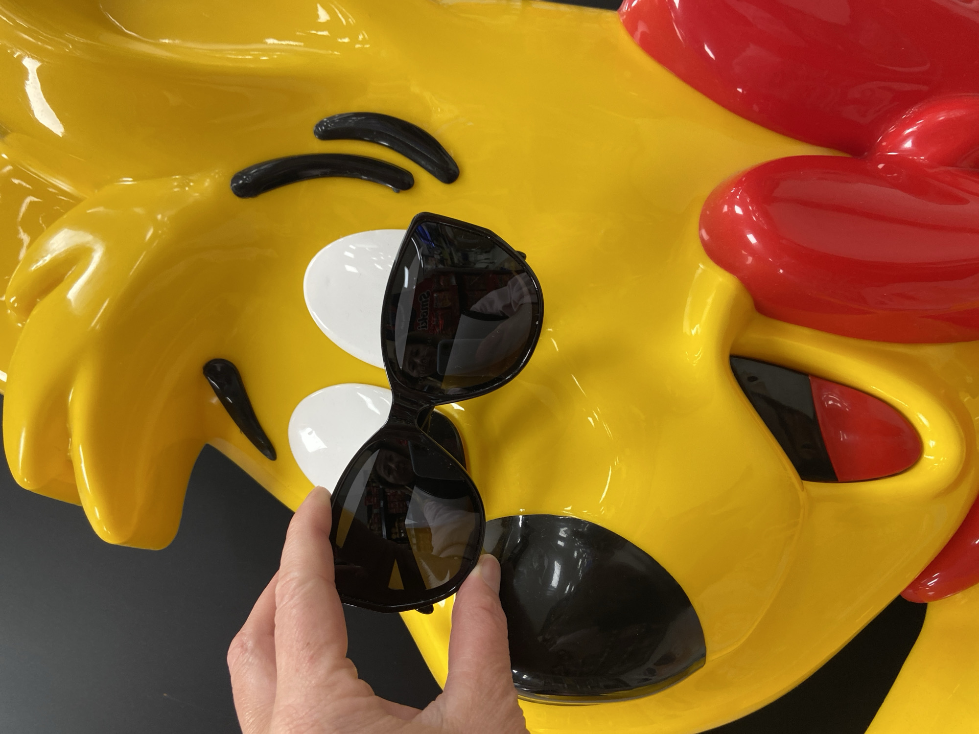 The image shows a hand holding a pair of dark sunglasses in front of a large, yellow, cartoonish lion's head. The lion has black eyebrows, white eyes, a black nose, and a red mane. The scene is well-lit and the subject is in focus. There is no immediate indication that this image was taken in Budva, Montenegro. More context or image details are needed to confirm the location.