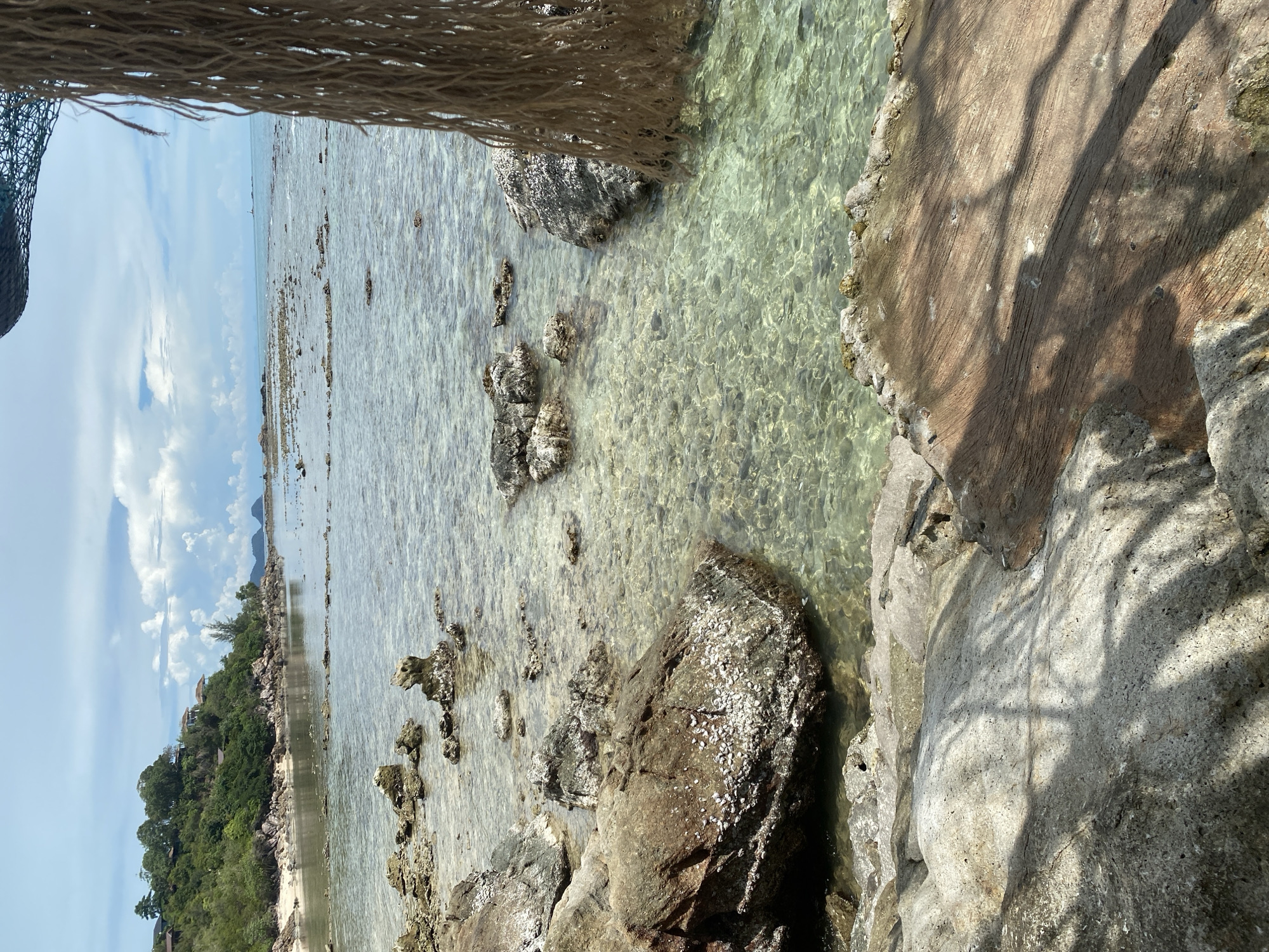 The image depicts a tropical beach scene on Ko Phangan island, Thailand, specifically in the Tambon Ko Phangan district. The foreground is dominated by rocks and a weathered wooden surface with shadows cast upon it. The middle ground features the clear, shallow sea with numerous submerged rocks and coral formations. In the background, a lush green hillside with several buildings and trees slopes down to a sandy beach. The sea extends to the horizon, where islands and a lighthouse are faintly visible under a partially cloudy sky. A portion of a netting or rope structure is visible in the upper right corner, suggesting it is part of a shade or decorative element at the beach. The water is transparent, allowing the seabed and underwater rocks to be seen clearly.