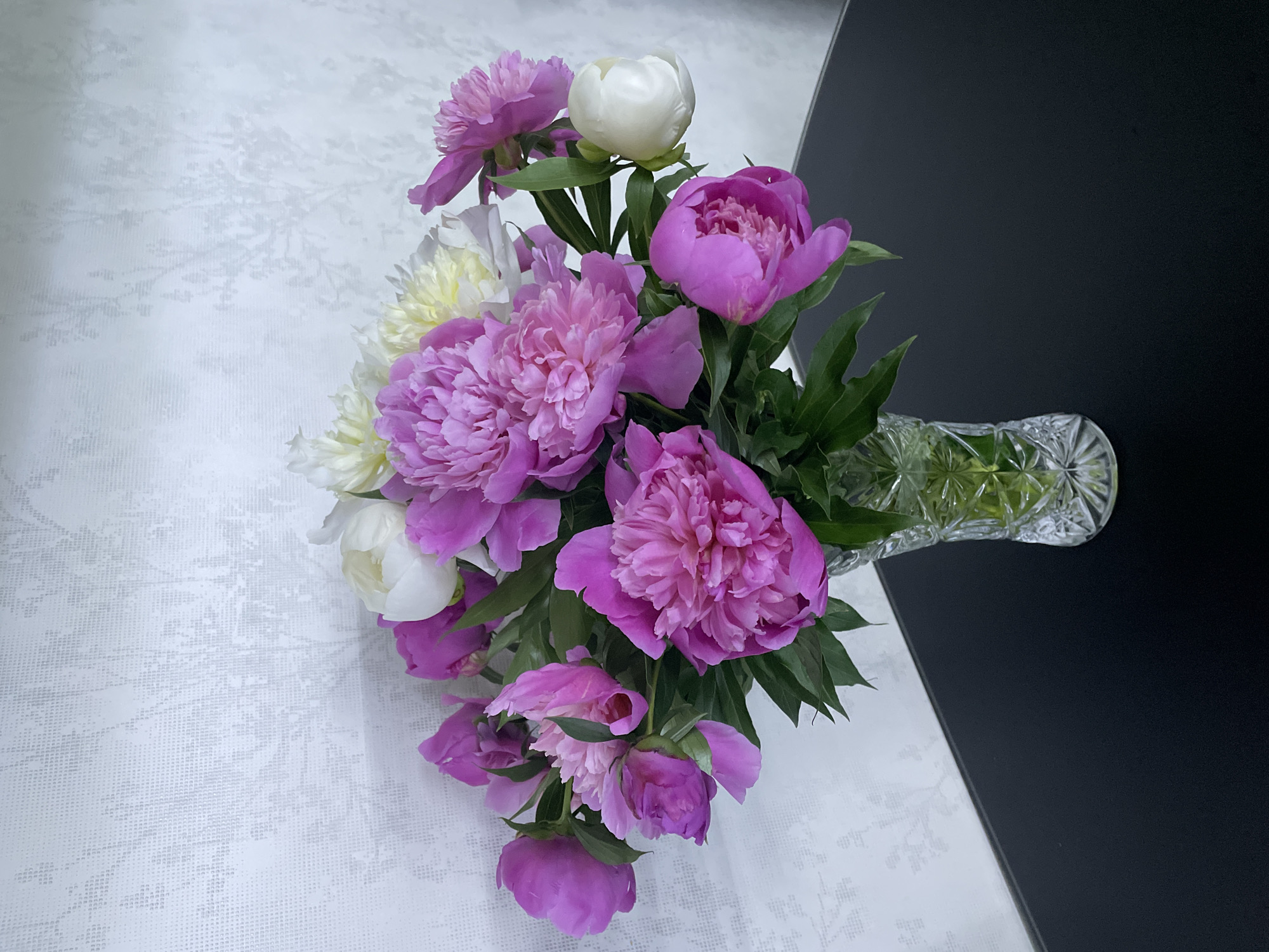 An overhead shot captures a vibrant bouquet of peonies arranged in a clear, ornate crystal vase. The flowers are primarily various shades of purple and pink, with several white or cream-colored blooms interspersed throughout. Some peonies are fully open, displaying their dense, ruffled petals, while others are still tightly budded or partially open, showing their layered structure. Green leaves are visible among the blossoms, adding a fresh contrast.
The vase, positioned on the right side of the image, features a faceted, cut-glass pattern that refracts light, giving it a sparkling appearance. Its base holds water, and the stems of the flowers are visible through the clear glass.
The background is divided diagonally into two distinct surfaces. The left and upper-left portion consists of a light grey or white surface with a subtle, textured pattern, possibly a tablecloth or a decorative tabletop. This pattern appears to be a faded floral or abstract design. The right and lower-right portion is a solid, dark grey or black surface, likely a plain table or countertop, providing a stark contrast to the brighter flowers and patterned surface. The overall lighting is soft and even, suggesting an indoor setting. There is no visible text or specific location cues within the image itself.