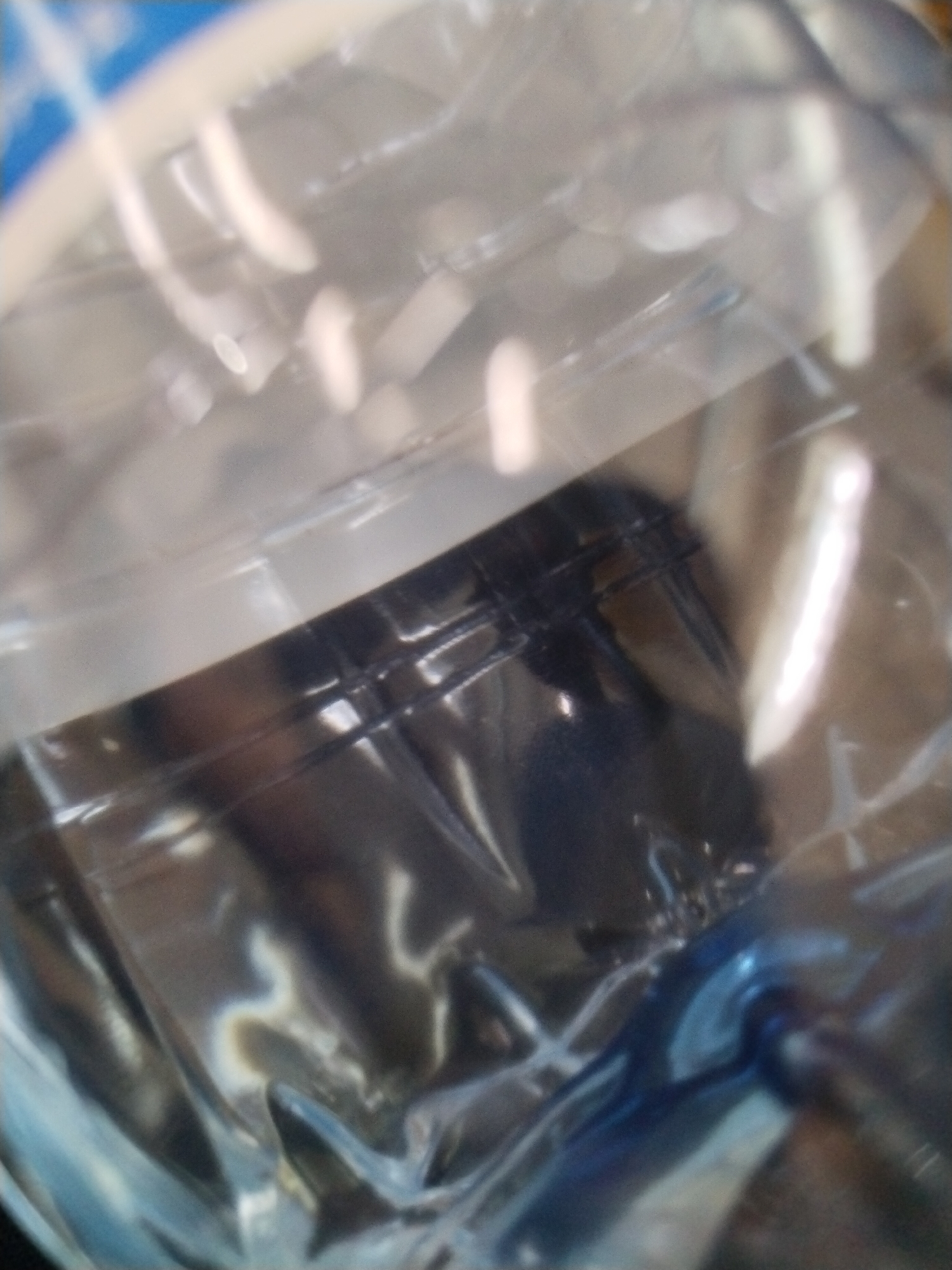 The image is a close-up, blurry shot of what appears to be a plastic bag containing some dark objects. The plastic is translucent and reflects light, creating bright highlights and obscuring details. There are no discernible features of a person, action, or interaction. The environment is not visible. The image does not contain any information about the location in the city of Гожскі сельскі Савет, Belarus.