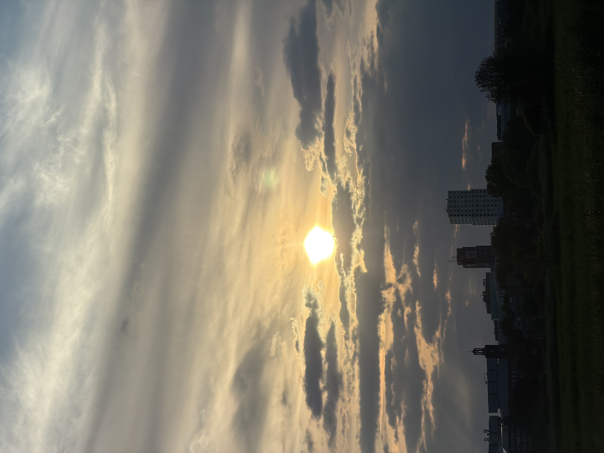 The image depicts a sunset over the city of 's-Hertogenbosch, Netherlands. The sky is filled with a mix of dramatic clouds, with the sun, a bright, hazy orb, partially obscured by darker clouds. The light from the sun casts a warm glow, highlighting streaks of lighter clouds. Silhouetted against the colorful sky is the city skyline, featuring several buildings. Prominently visible are two taller structures, one appearing to be a red brick building with a visible inscription, and another a white, modern high-rise. A church tower with a steeple can also be seen amongst the other, less distinct buildings and trees that form the silhouette of the city. The foreground is a dark, silhouetted field, possibly with tall grass, suggesting a natural area on the outskirts of the urban environment. The overall atmosphere is one of a dramatic, natural event unfolding above a man-made landscape.