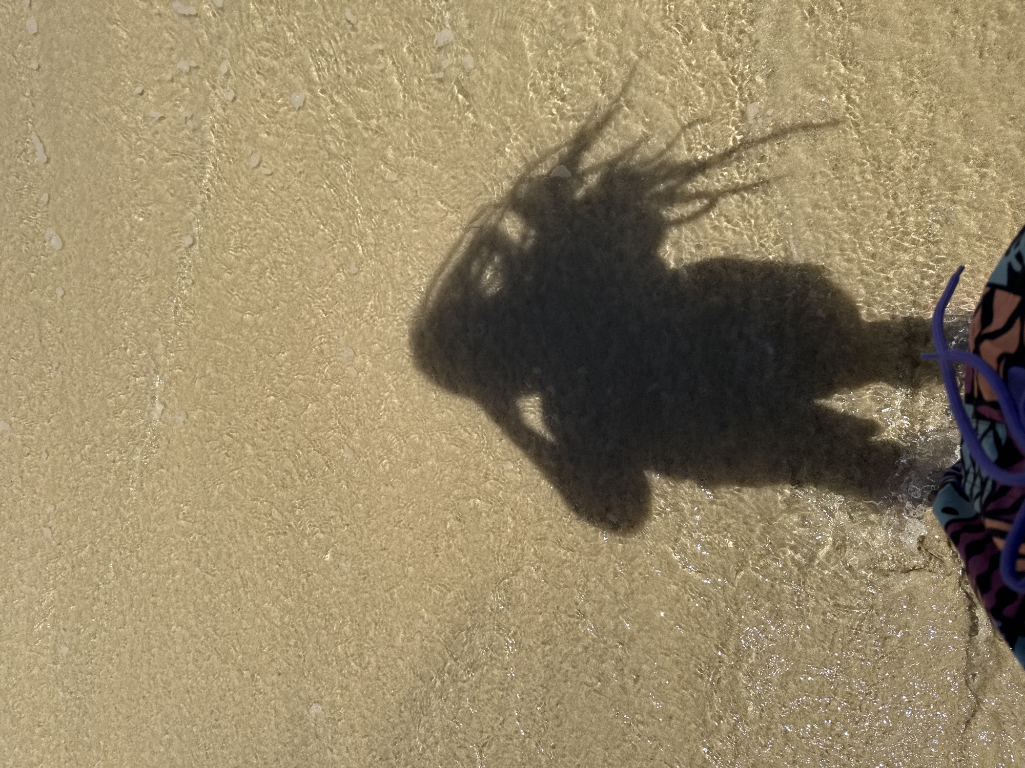 The image shows a shadow of a person, possibly taking a photograph, standing in shallow water on a beach. The sand is light beige and visible through the clear water. Part of a purple and blue bathing suit is visible on the right side of the image. The location is likely a beach in Pájara, Spain, as specified in the prompt.