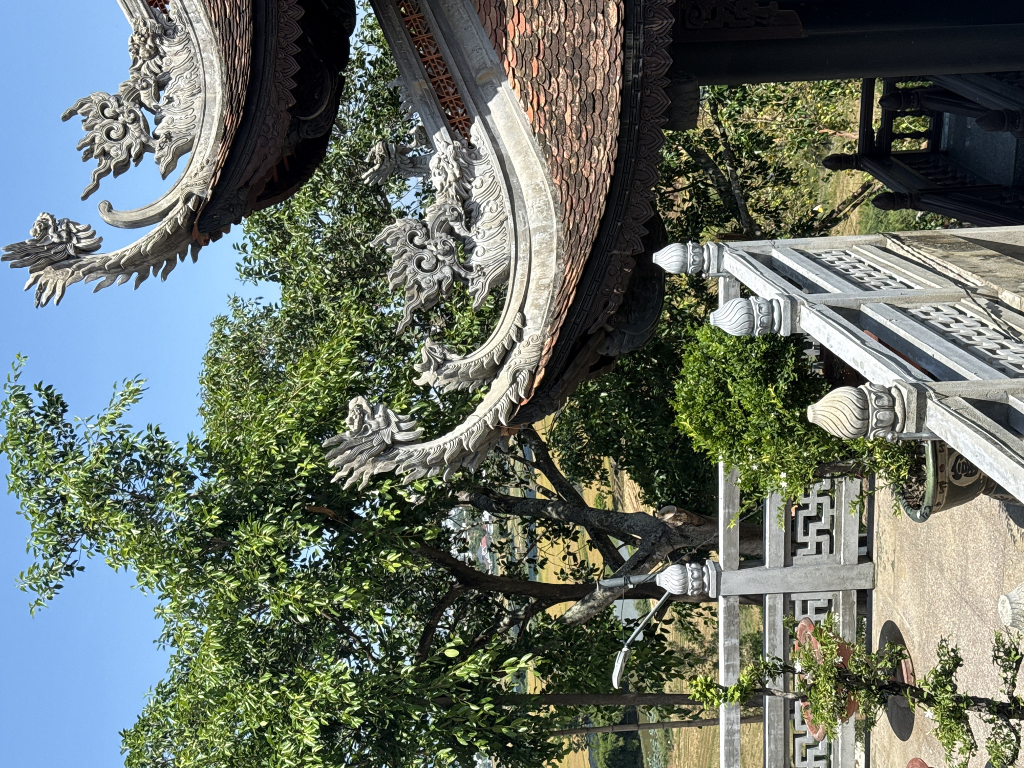 The image shows architectural details of a temple or pagoda, possibly located in Tay Nha Trang Ward, Vietnam. The photograph is taken from an unusual angle, tilting the perspective. The architectural elements are predominantly made of stone or concrete and feature intricate carvings of dragons and floral patterns. The roof has traditional Vietnamese tiles in reddish-brown hues. Lush green trees and foliage fill the background, partly obscuring the sky, which is a clear blue in some areas. A stone railing with decorative finials runs along the edge of the structure. In the distance, a flat landscape is visible.