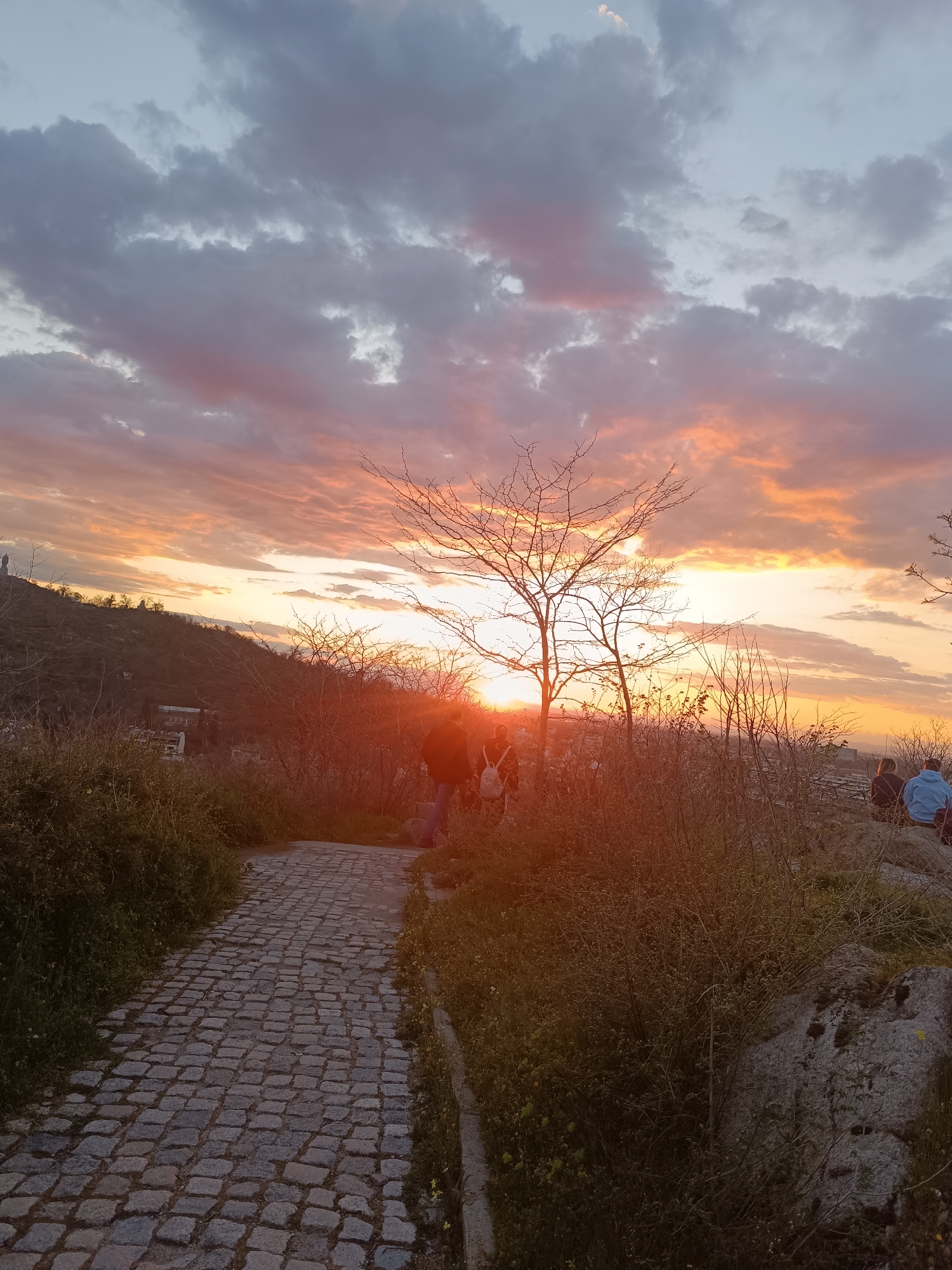 The image depicts a sunset scene in an urban area. The sky is filled with clouds, with the setting sun casting orange and pink hues across the landscape. A bare tree is silhouetted against the sun. People are present, either walking along a cobblestone path or gathered on an elevated area, possibly a hill or overlook. Vegetation, including shrubs and grasses, is visible along the path and surrounding the elevated area. Buildings and structures are visible in the distance, suggesting an urban setting.