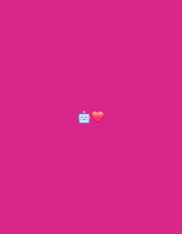The image is a digital graphic featuring two emojis against a solid pink background. On the left is a blue robot emoji with a square head, two round eyes, and a line for a mouth. To its right is a red heart emoji. There are no people or any discernible elements of a city or landscape, thus the location in Homyel, Belarus cannot be determined.
