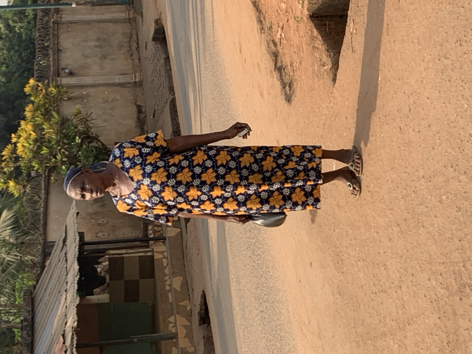 This image depicts a mature adult female standing on a dirt roadside in Otuocha, Nigeria. She is positioned slightly left of center, gazing towards the left. The woman, appearing to be of African descent, wears a dark blue, V-neck, ankle-length dress patterned with yellow and white leaf-like motifs, and a dark blue headwrap covering her hair. Her skin is dark, and her facial expression is neutral. Her left hand holds a dark, possibly plastic, bag, while her right hand grips a small, light-colored rectangular object, possibly paper or a wrapper. She wears open-toed sandals on her feet.
The immediate foreground consists of reddish-brown compacted dirt with an irregular, shallow drainage ditch visible to the right of the woman. Behind her is a paved road. In the mid-ground to the left, a small, single-story structure with a corrugated metal roof and walls featuring a brown and beige checkerboard tile pattern is visible. To the right, a light-colored concrete wall, approximately head-height, topped with coiled barbed wire, runs horizontally across the background. Integrated architectural pillars are visible along this wall. Behind the wall, a tree with bright green and yellow foliage is present. The scene is illuminated by direct sunlight, casting shadows to the right of the subject, indicating daytime conditions.