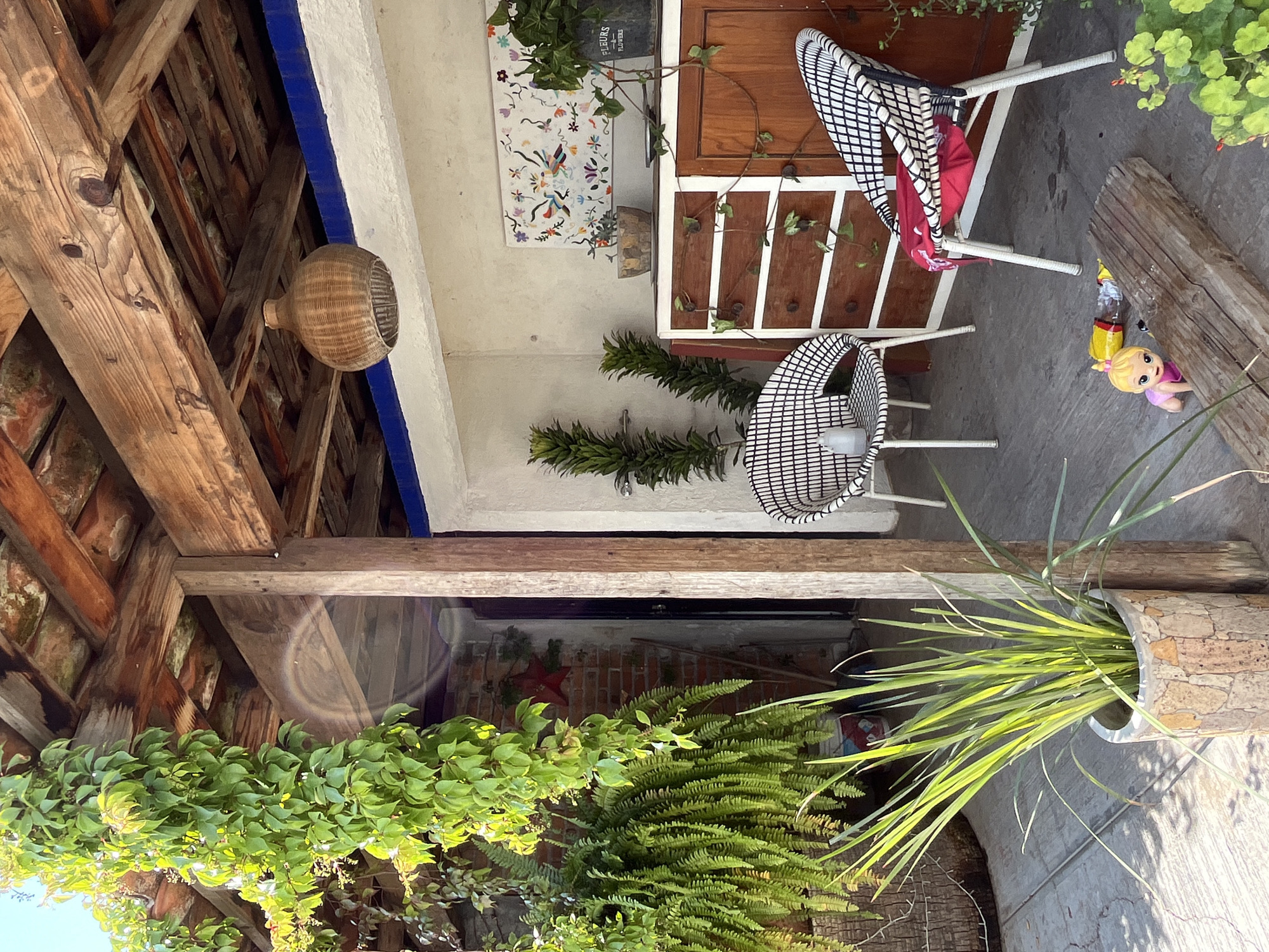 The image is an outdoor scene, possibly a patio or courtyard, in the city of Puebla, Mexico. The image contains two black and white patterned chairs, a wooden cabinet, and various plants. The architecture includes wooden beams and a blue-painted trim on the walls. The ground is paved. A woven basket hangs from the wooden beams. Under one of the chairs, a doll and an open plastic bottle are visible. A brick wall with a red star decoration is reflected in a glass surface in the lower portion of the frame. The lighting suggests it is daytime.