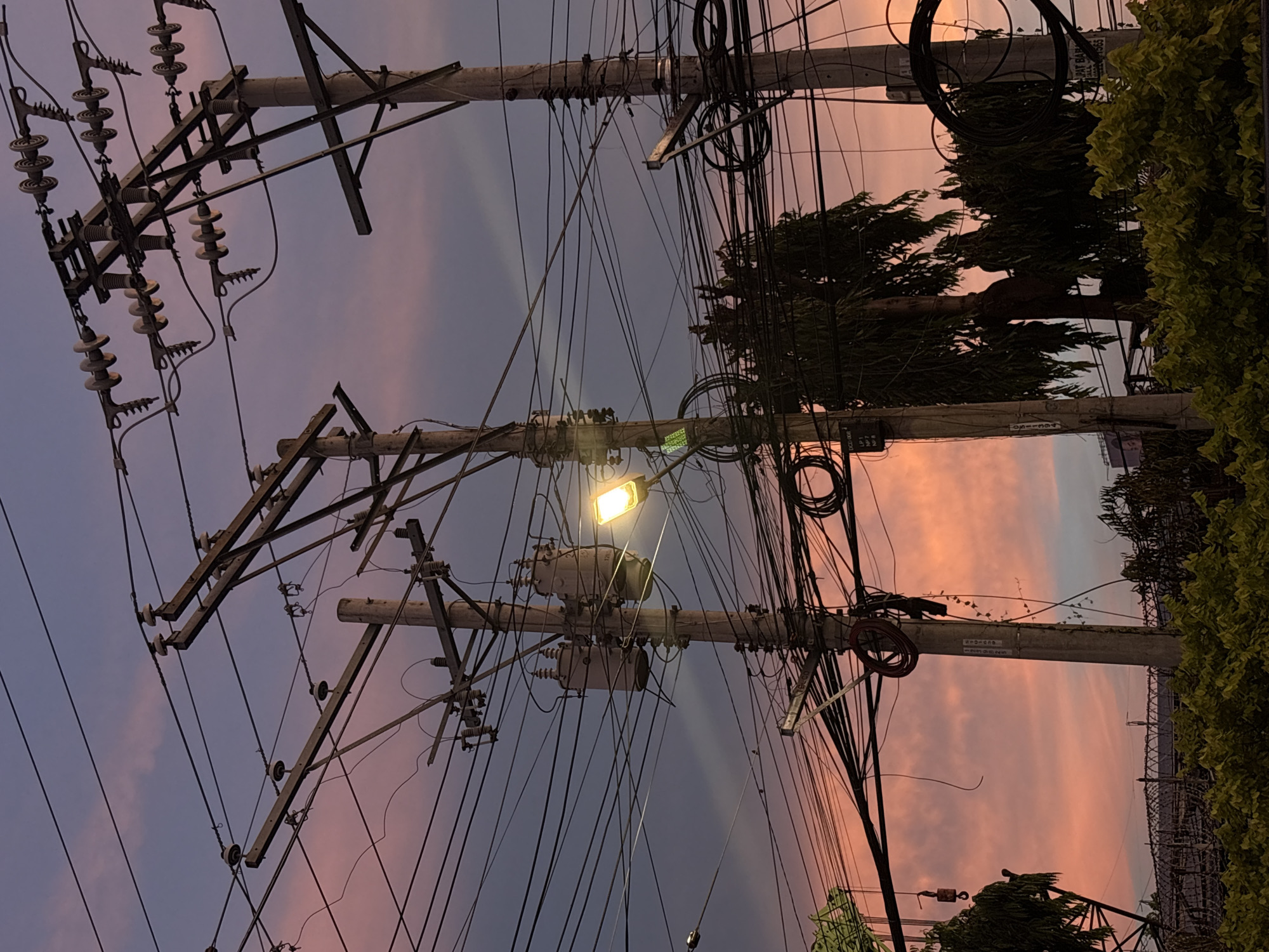 The image depicts a street scene in Davao City, Philippines, characterized by a dense network of overhead electrical wires and utility poles silhouetted against a twilight sky painted with hues of pink and purple. A street lamp is illuminated, casting a warm glow on the surrounding wires and a nearby transformer. Several tall utility poles, some made of concrete and others appearing to be metal structures, support an intricate web of black cables. Two cylindrical electrical transformers are visible attached to one of the concrete poles. Lush green foliage in the foreground and mid-ground suggests an urban environment with existing vegetation, potentially bordering a residential or commercial area. The overall impression is one of the city's infrastructure harmonizing, or perhaps clashing, with the natural beauty of the sunset.