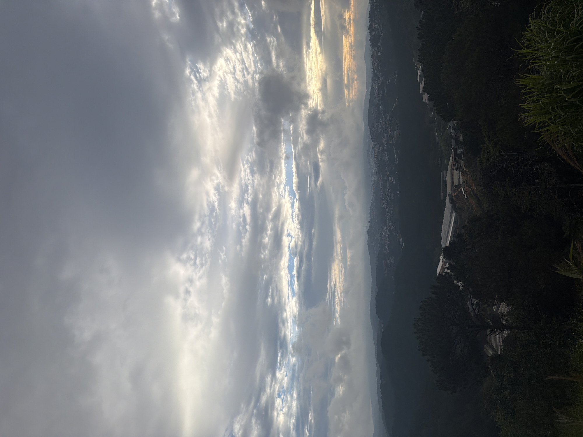 The image captures a panoramic view of the city of Xuân Trường - Đà Lạt, Vietnam, with a dramatic sky overhead. The foreground is dominated by dark, silhouetted trees, including a prominent pine tree on the left. Beyond the trees, the landscape rolls into hills covered in dark vegetation, dotted with distant structures, suggesting a rural or semi-rural environment.
In the mid-ground, several large greenhouses with white roofs are visible, indicative of agricultural activity. The hills gradually recede into the background, where a cluster of buildings forming the city of Xuân Trường is discernible, spread across the undulating terrain. The city lights are not illuminated, suggesting it is either dawn or dusk.
The sky is a significant element of the scene, filled with a complex arrangement of clouds. Heavy, dark clouds dominate the upper portion, with lighter, wispy clouds and breaks of blue sky interspersed lower down. Towards the horizon, a warm glow of sunlight is breaking through the clouds, casting a soft light on the landscape. The overall atmosphere is serene and slightly moody, with a sense of vastness conveyed by the expansive view and the dramatic sky. There are no people or animals visible in the image.