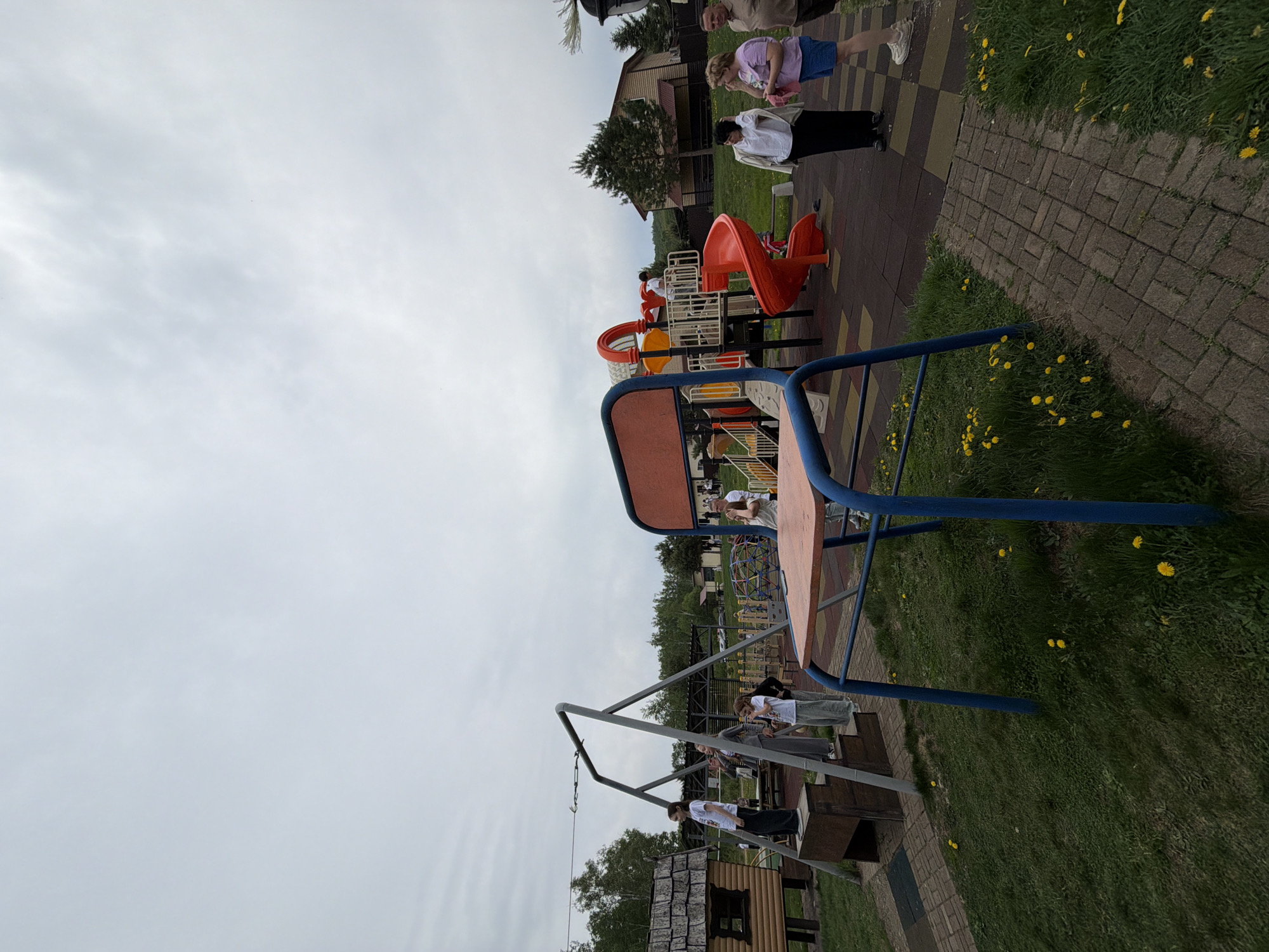 The image depicts an outdoor playground on a cloudy day. The location is identified as the city of Birobidzhan, Russia. The playground features various colorful structures, including slides, climbing frames, and swings. Several people, adults and children, are present in the vicinity of the playground equipment. Some are standing, while others are potentially engaging with the playground structures. The ground is covered in a mix of grass, paving stones, and playground safety surfacing. Dandelions are scattered throughout the grassy areas. A small wooden playhouse is located near the swings. A chair is present on the playground. Buildings and trees can be seen in the background, suggesting the location is within a developed area.