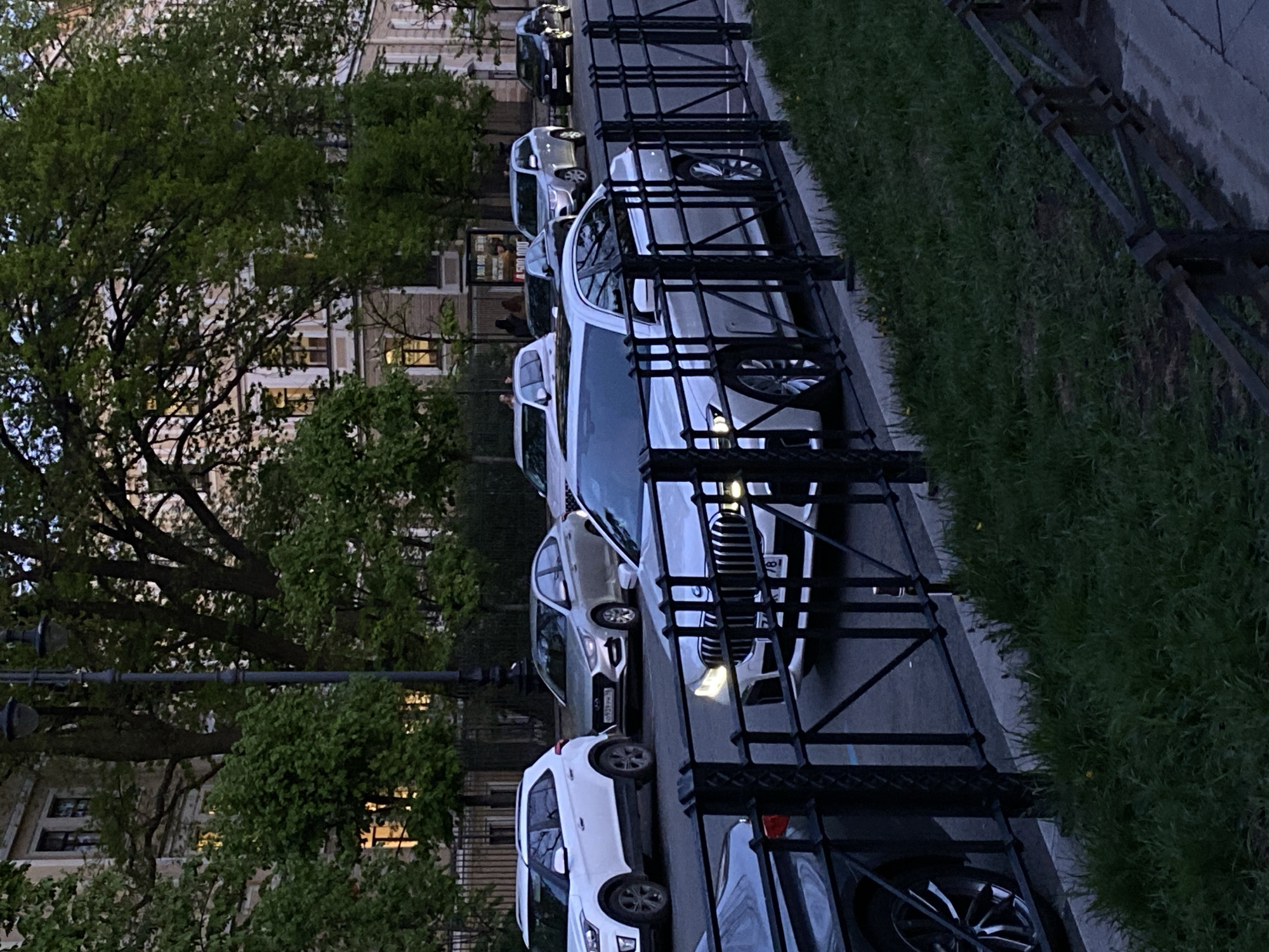 The image depicts a street scene in Saint Petersburg, Russia. Cars are parked along the side of the road, adjacent to a metal fence and a grassy area. Buildings with illuminated windows are visible in the background, partially obscured by trees. The lighting suggests it is either dusk or dawn.