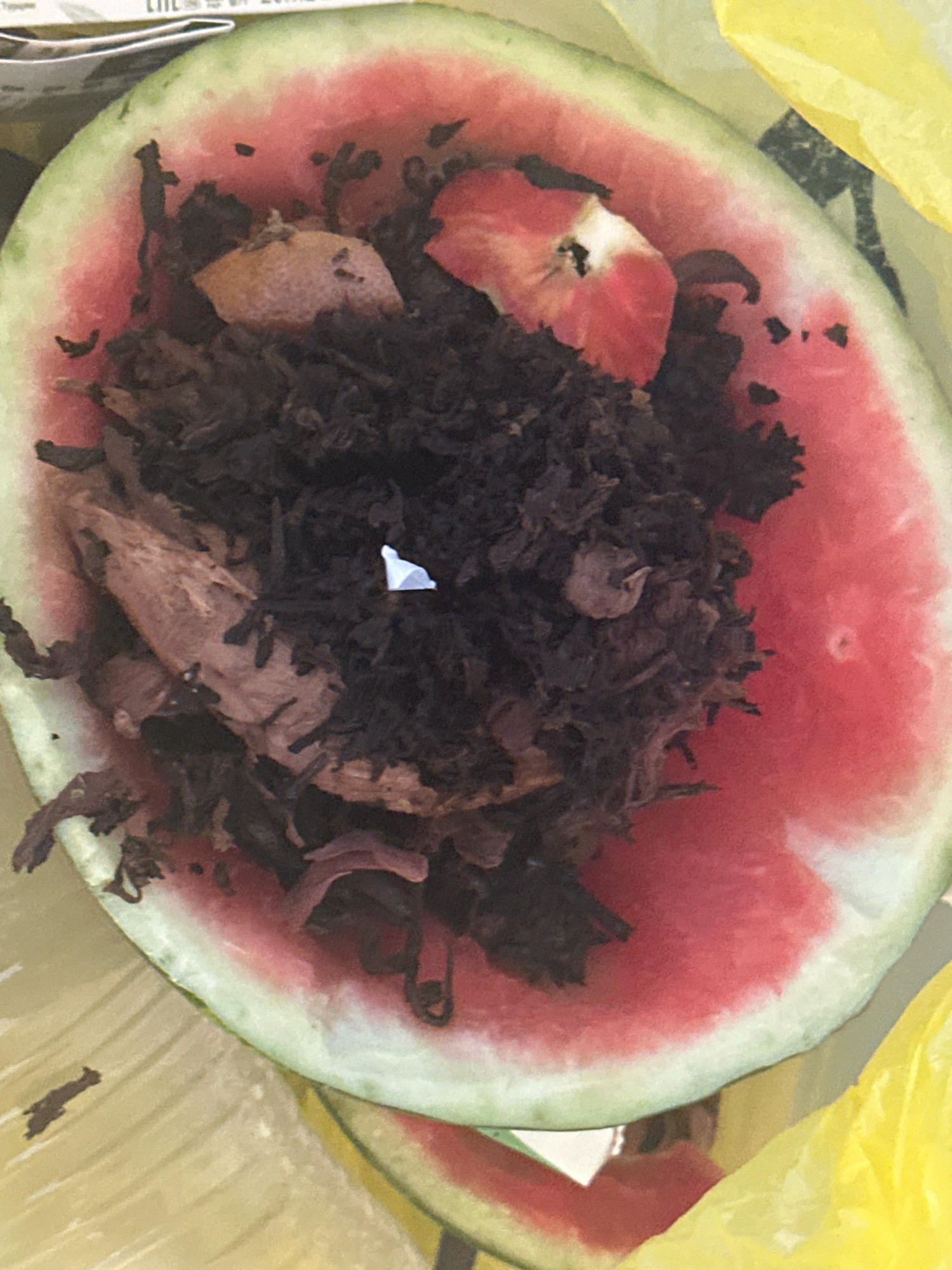 A close-up, overhead shot shows a slice of watermelon cut lengthwise, with the fleshy, pink interior exposed. The flesh has been partially scooped out and is filled with dark, shredded material, possibly dried leaves or tea. The rind, which is green with a white layer underneath, curves around the filling. The watermelon slice is resting on a textured surface that appears to be made of light-colored fabric or paper, possibly a tablecloth or bag. To the right of the watermelon, a corner of a bright yellow plastic bag is visible. The scene is dimly lit, with no discernible human presence or indication of a specific location within Nevinnomyssk, Russia. The image is focused on the watermelon and its contents, with the background out of focus.