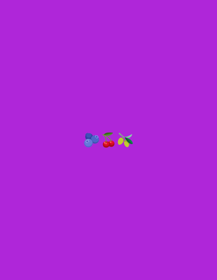 A flat illustration features a cluster of stylized fruits against a solid purple background. On the left, there are three blueberries, two of which are partially obscured. To their right are two red cherries connected by a stem. Further to the right, a sprig with two green olives and two small green leaves completes the arrangement. The image is centrally located, with ample purple space surrounding the fruit.