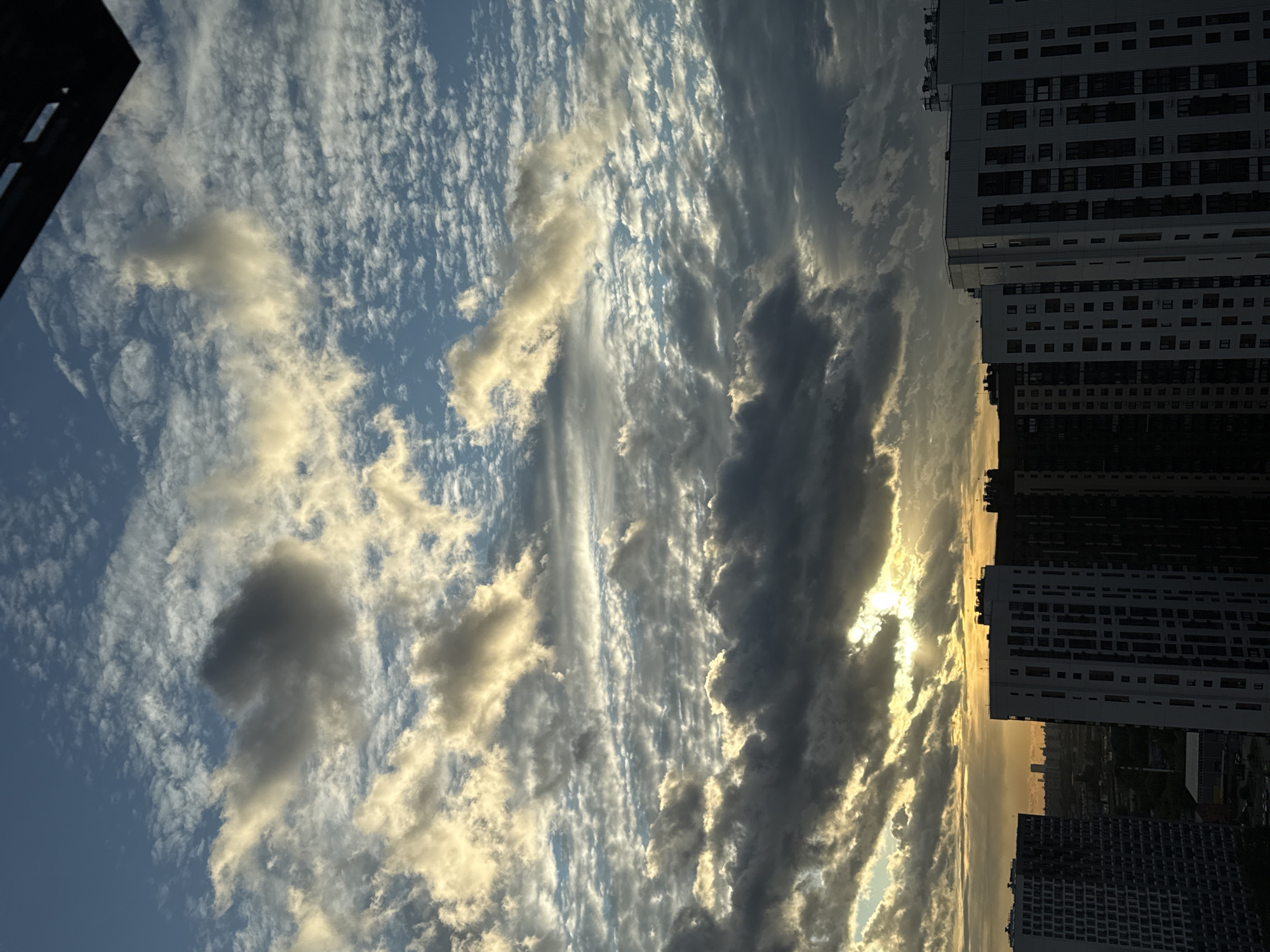 This is a vertical, eye-level photograph of a dramatic sky over the city of Lyubertsy, Russia. The sky is filled with a complex pattern of clouds, ranging from dark, heavy storm clouds to thin, wispy cirrus clouds illuminated by the setting or rising sun. The sunlight breaks through the clouds in places, creating beams of light that highlight the textured cloud formations. The bottom portion of the image shows the tops of several modern apartment buildings, characterized by their repetitive window patterns and modular design. The buildings are silhouetted against the bright sky, with some architectural details visible, such as ventilation shafts on the rooftops. In the distance, a faint outline of more buildings and possibly a tower can be seen, suggesting an urban landscape. The overall impression is one of a dynamic and atmospheric sky over a densely populated urban area. There are no people or specific actions depicted in the image.