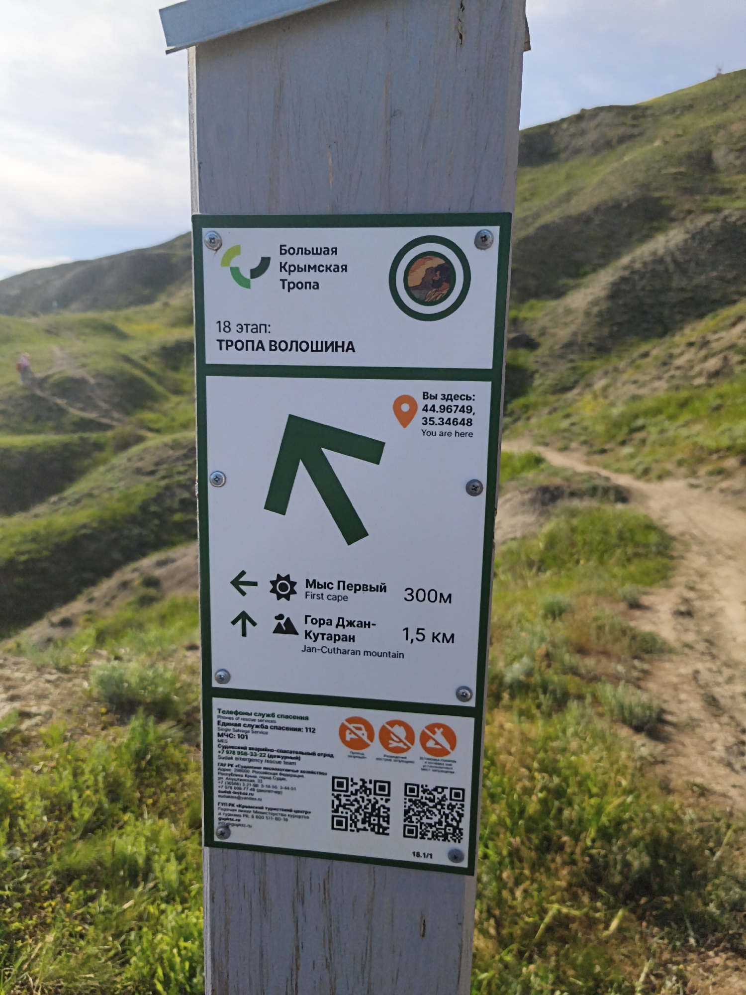 The image shows a trail signpost. The signpost is made of a light-colored, possibly painted, wooden post. It contains a rectangular sign with a green border. The sign features a trail logo, trail name "Большая Крымская Тропа", and route name "ТРОПА ВОЛОШИНА". It also contains information about nearby locations, distances, and directions: "Мыс Первый" (First Cape) 300 meters, and "Гора Джан-Кутаран" (Jan-Cutharan mountain) 1.5 km. There is also an indicator of the current location with coordinates 44.96749, 35.34648. The bottom of the sign contains emergency contact information and QR codes. In the background, a grassy hillside is visible.