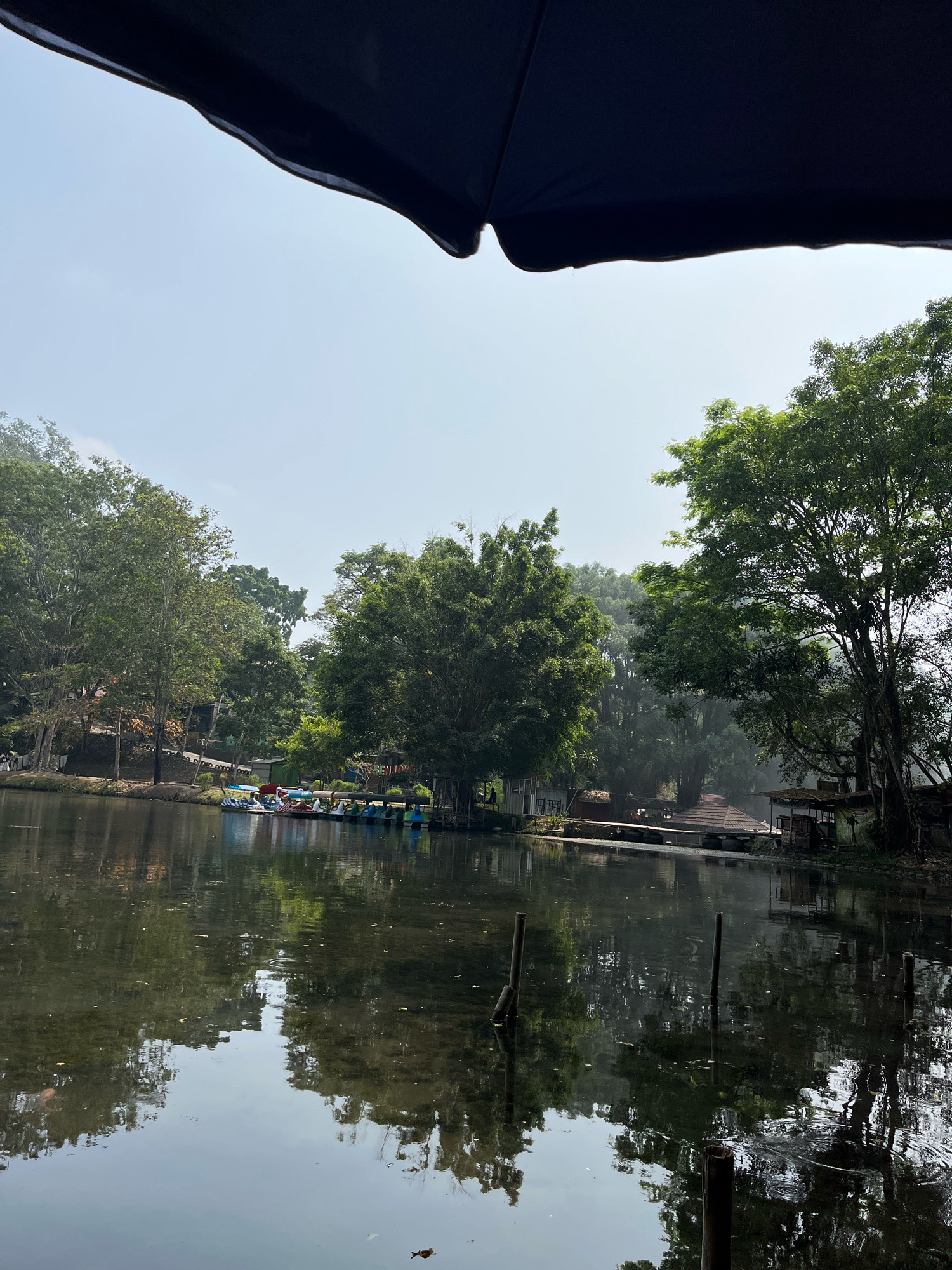 The image depicts a serene lake scene, likely within the city of Tegalwaton, Indonesia, as suggested by the reference. In the foreground, the calm water reflects the surrounding lush greenery and a clear, hazy sky. Several colorful paddle boats are docked along the left bank, some occupied by individuals. A wooden pier extends into the water, lined with small structures. The background is dominated by dense trees and foliage, with a gentle incline of hills visible further back. The overall atmosphere is tranquil and natural, suggesting a park or recreational area.