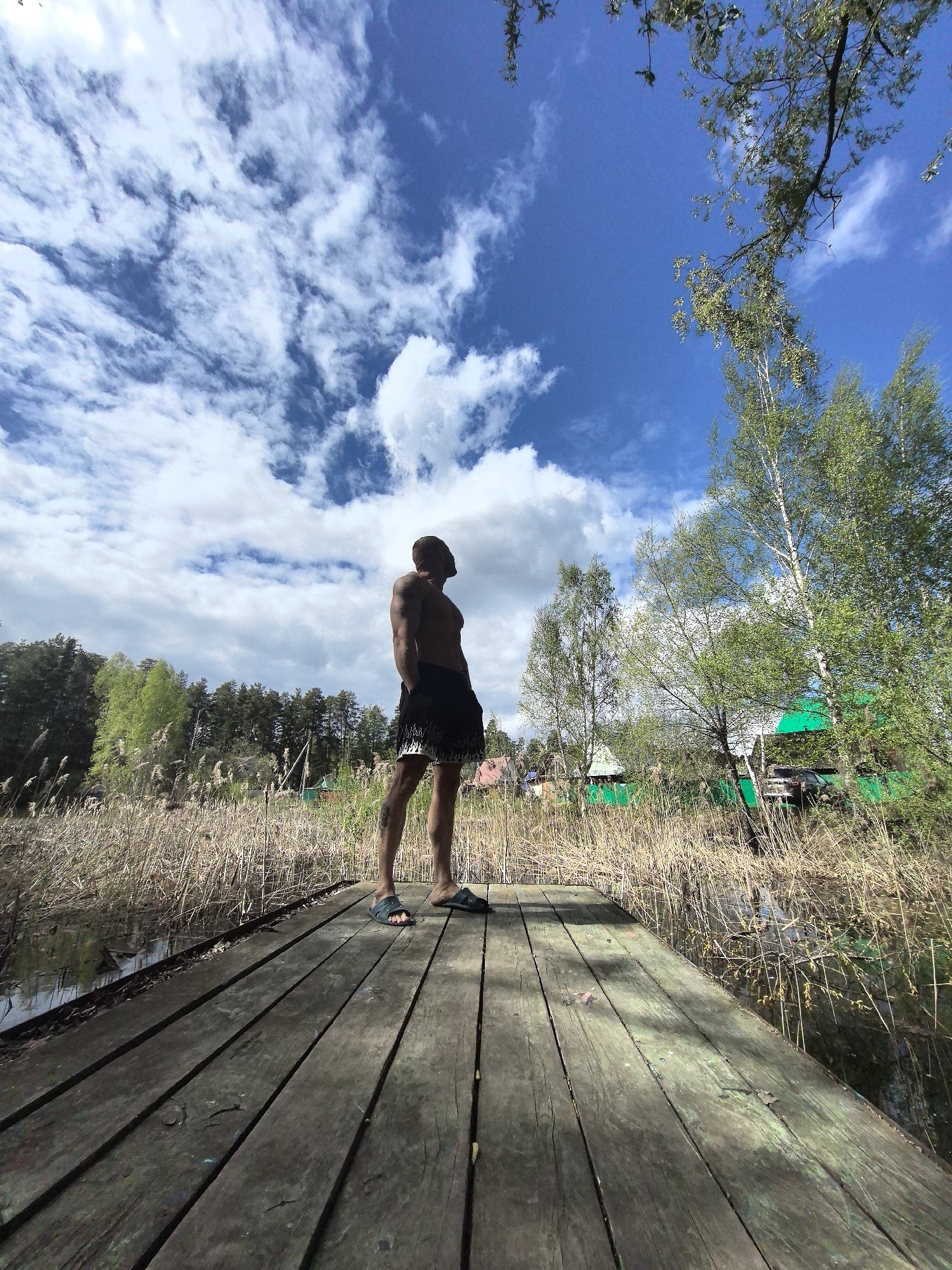 A shirtless man with tattoos stands on a weathered wooden pier, looking off to the right. He is wearing black shorts and dark sandals. The pier extends over a body of water partially obscured by tall, dry reeds. In the background, trees and structures with green roofs are visible. The sky is blue with scattered clouds. The location appears to be near Noviy, Russia based on the environment resembling the Russian countryside.