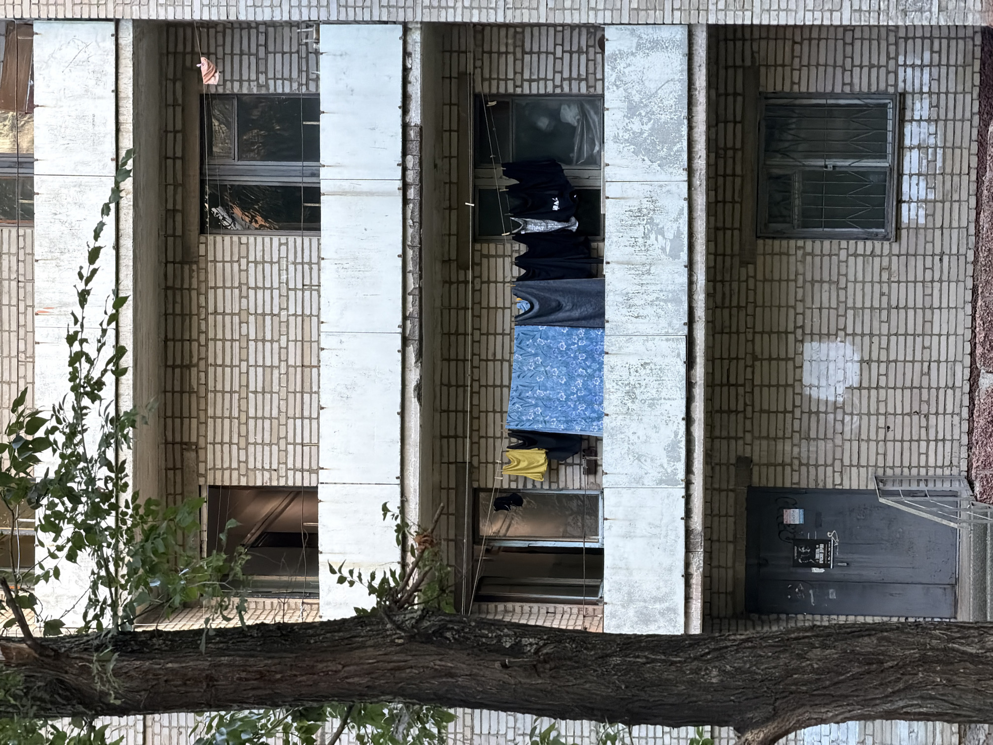 An exterior view shows the brick facade of a multi-story apartment building in Khabarovsk, Russia, with a tree in the foreground. Laundry is hanging on clotheslines across several balconies. On the second balcony from the top, a pink towel is clipped to a line. Below this, on the next balcony, clothes are draped on a line, including a blue patterned fabric, a dark gray shirt, and several black items. The balconies themselves are concrete with white metal railings. A gray metal door with posters and graffiti is visible on the ground floor, to the left, with a set of stairs leading up to it. A window with a metal grate is also visible on the ground floor, to the right. The brickwork of the building appears weathered.
