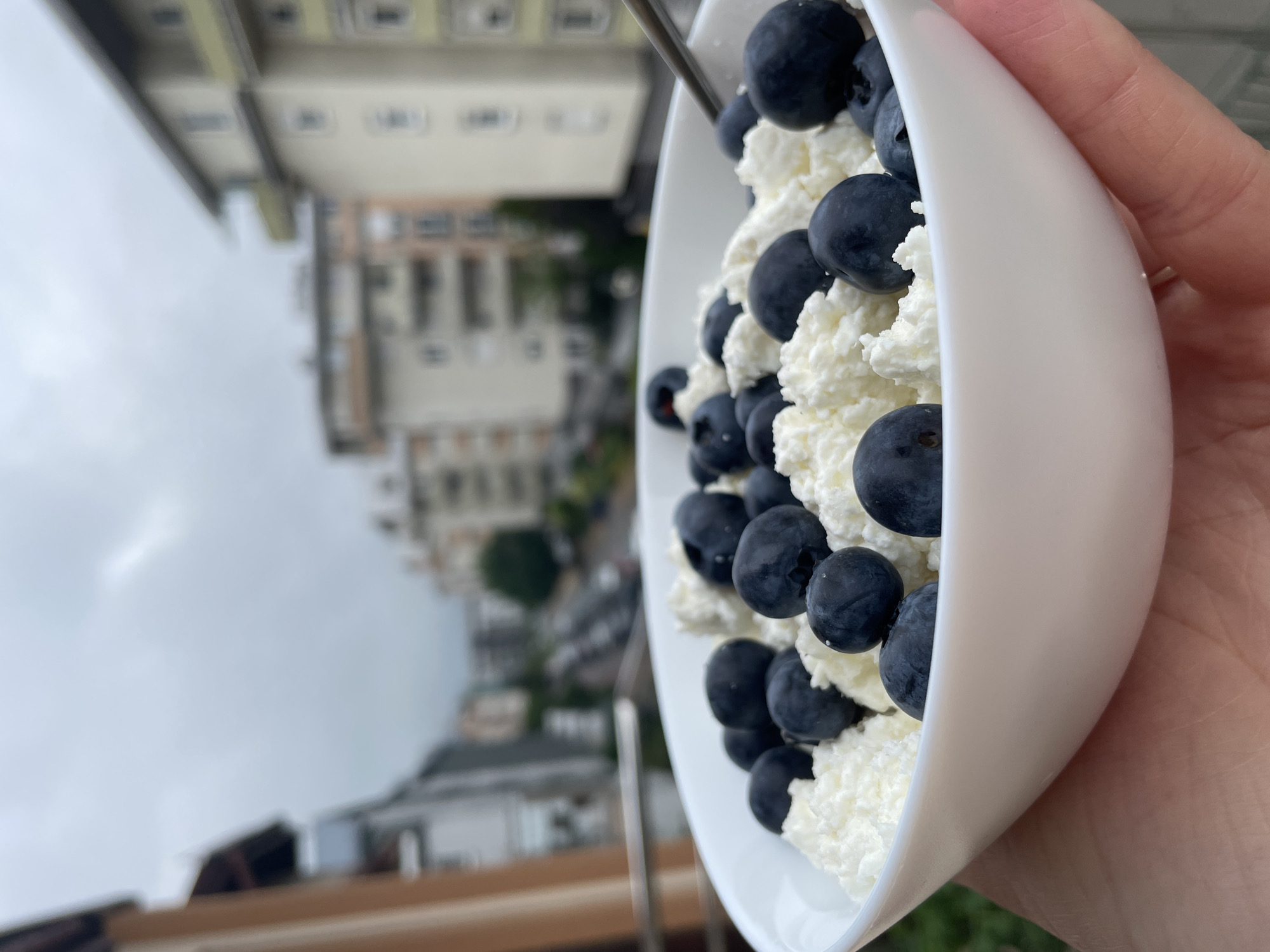 The image displays a close-up, rotated 90 degrees clockwise, showing a white bowl filled with food, held by a person's hand. The hand, with light skin, grips the right side of the bowl. Inside the bowl, white, lumpy cottage cheese is visible, generously topped with numerous dark blue, round blueberries. A metallic spoon handle is partially visible, extending from the left side of the bowl's rim.
The background, significantly blurred, depicts an urban or suburban setting viewed from an elevated position. Multi-story buildings, appearing horizontally due to the image rotation, feature windows and visible architectural elements. Patches of green foliage are also discernible within the background. The sky, occupying the left portion of the rotated image, appears overcast and bright, suggesting daytime with diffused light. The activity depicted is holding a bowl of food, likely a snack or meal. There is no visible text.