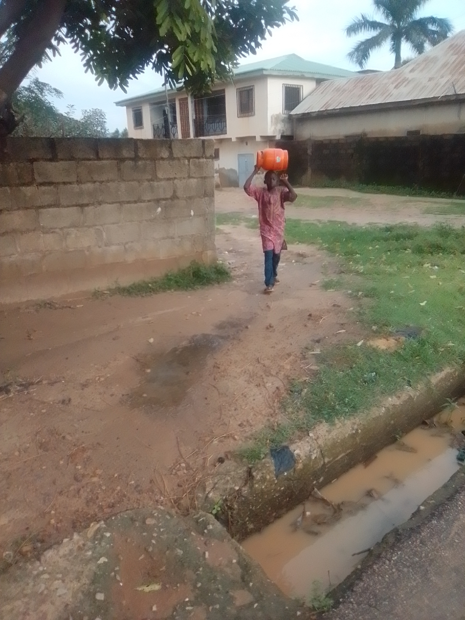 In the city of Gombe, Nigeria, a person walks on a dirt road carrying an orange plastic container on their head. The person is wearing a traditional red patterned garment and dark trousers. The environment is characterized by a brick wall on the left, a partially visible building with a green roof in the background, and a drain filled with muddy water on the right. Green grass and some scattered debris are also present. The sky appears overcast, suggesting it may be evening or a cloudy day. The road surface is uneven and appears to have some puddles, indicating recent rain or poor drainage.