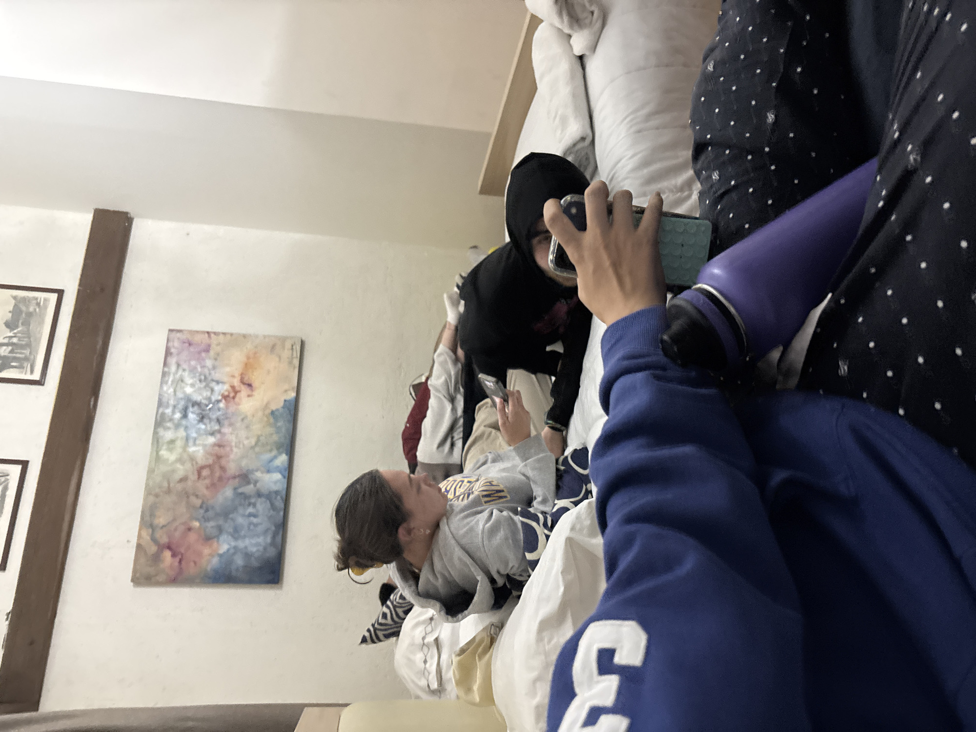 Three individuals are in an indoor setting, possibly a residence, with a bed as a central element. One person lies on the bed, wearing a gray hoodie with a yellow logo, looking at a phone. Another person in a black hoodie stands near the head of the bed, also appearing to interact with a phone. The third person is partially visible in the foreground, wearing a blue sweatshirt with a white number on the sleeve, seemingly holding a purple water bottle and also focusing on a phone. A painting hangs on the wall beside a wooden pillar. The location cannot be verified to be Puebla, Mexico, from the visible image alone.