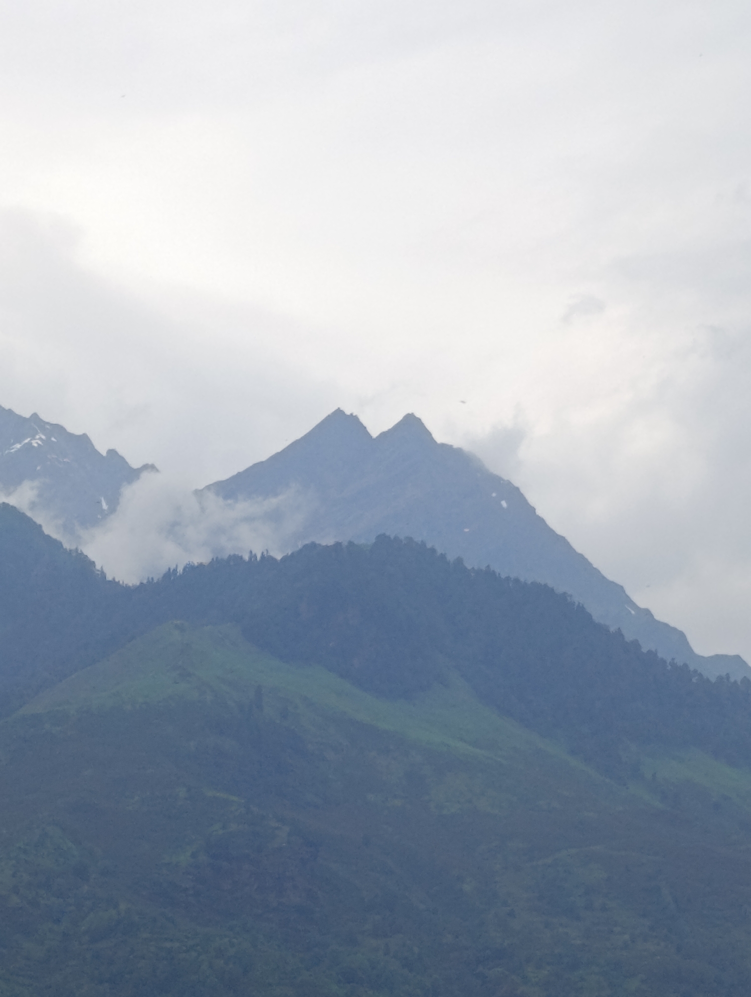 The image depicts a layered landscape of mountains under a cloudy sky. The foremost mountain range is covered in lush green vegetation, with a subtle gradient of darker and lighter green hues indicating its contours. Behind this, a second range of mountains appears darker and more rugged, with patches of exposed rock. The farthest mountains are shrouded in mist and clouds, with their peaks barely visible against the bright, overcast sky. The overall scene conveys a sense of natural grandeur and serene remoteness. This vista is likely from the vicinity of Vashisht, India, a town known for its proximity to the Himalayas and its scenic mountain views.