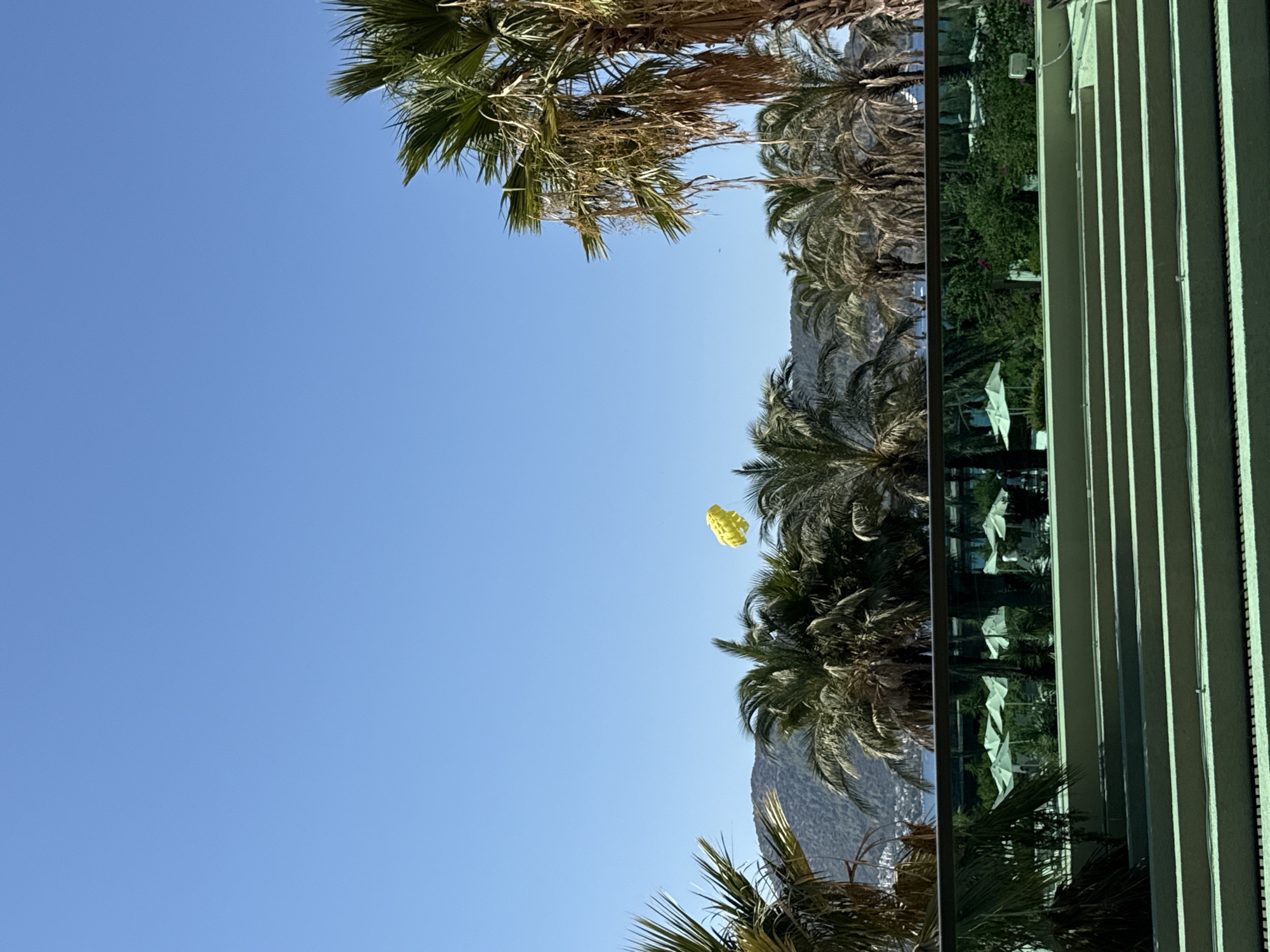 The image depicts a clear, sunny day in Bodrum, Turkey, with a bright blue sky dominating the upper portion. In the mid-ground, a line of palm trees, some with dry fronds, stretches across the frame, with a hilly landscape visible behind them. A bright yellow parasail is suspended in the sky, suggesting recreational activity. In the foreground, a modern building with a glass railing overlooks a lush green area with white umbrellas, indicative of a resort or hotel setting. The lower part of the image shows tiered, light-colored steps or seating. The overall scene conveys a relaxed, tropical atmosphere.