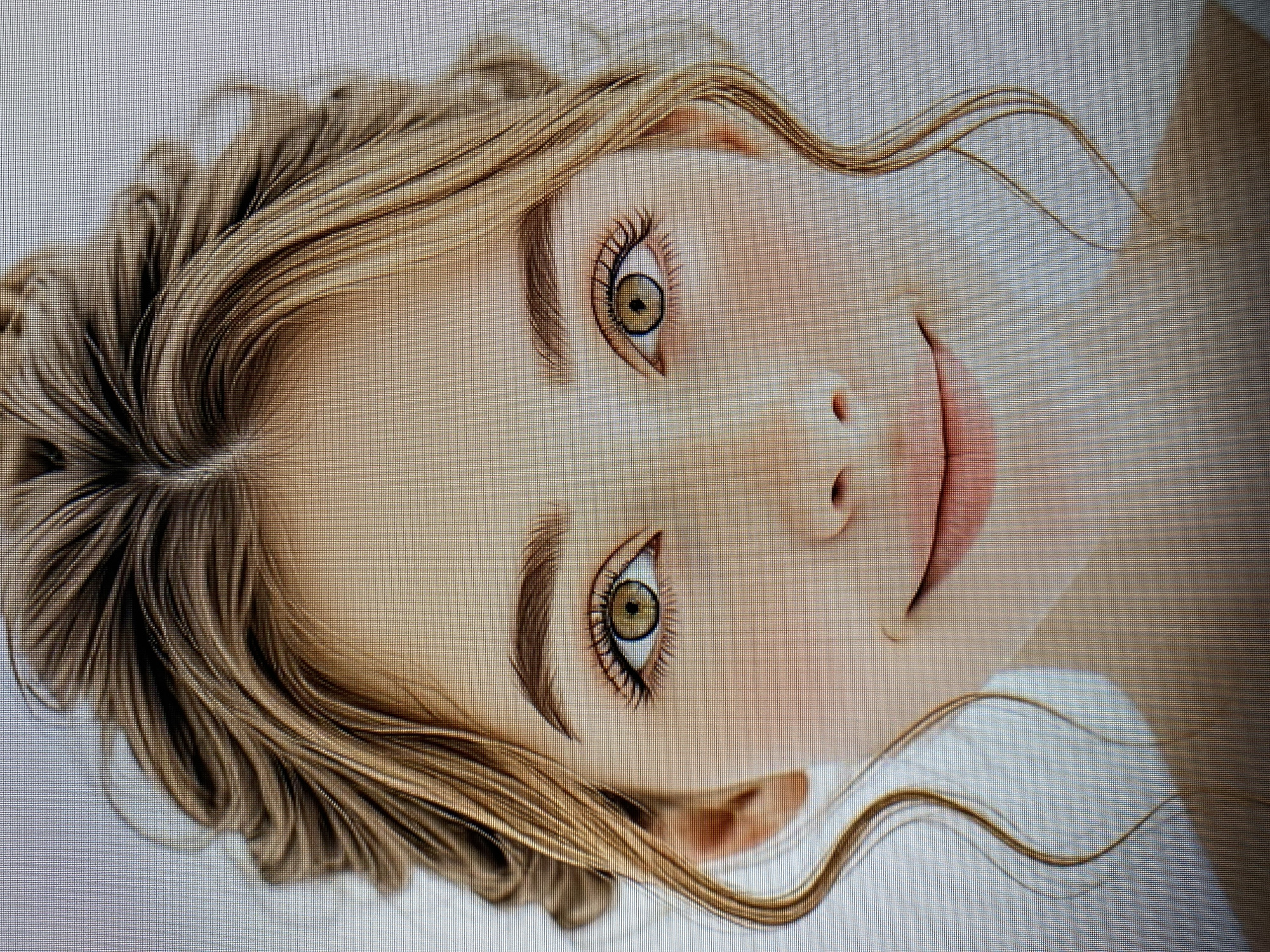 The image is a close-up, upside-down photograph of a person's face, appearing to be a digital render or heavily stylized portrait. The subject has fair skin, light blonde wavy hair, and striking light green eyes with dark eyelashes and defined eyebrows. Their lips are slightly parted, and a hint of rosy blush is visible on their cheeks. The background is a plain, light color, offering no environmental context. The lighting is soft and even, illuminating the face without harsh shadows. There is no visible text or discernible activity or event taking place, beyond the depiction of the face itself. The overall impression is one of serene, perhaps slightly ethereal beauty, with no specific time of day, weather, or location cues evident.