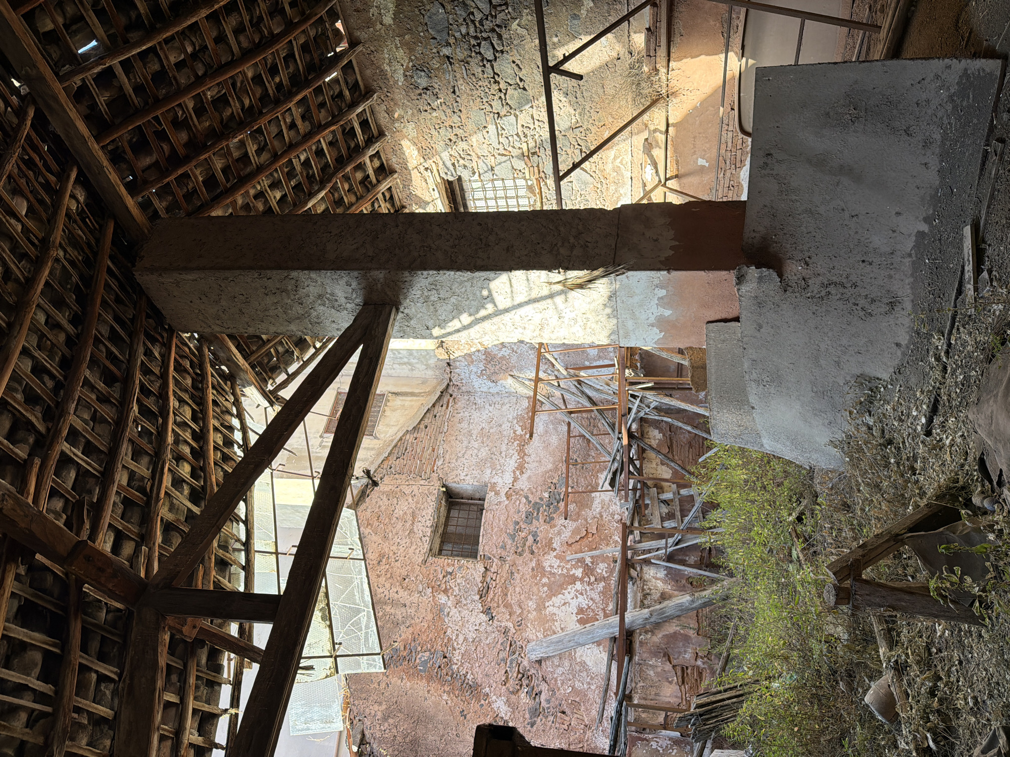 This image captures the interior of a heavily dilapidated and abandoned building, located in Catania, Italy. The scene is dominated by signs of advanced decay and disuse.
The primary architectural features include an exposed wooden roof structure composed of heavy main beams and numerous smaller rafters, supporting a tile roof. Portions of the roof are missing or damaged, allowing direct sunlight to penetrate the space. A prominent, square-sectioned pillar, constructed of concrete or plastered masonry, stands in the central foreground, exhibiting peeling render at its base.
The perimeter walls display varied construction and deterioration. The wall on the left is a reddish-brown hue, with extensive peeling plaster revealing underlying brick and stone masonry. A single, small window with a grid pattern is visible on this wall. The wall on the right is constructed of rough-hewn stone masonry, with sections of plaster also peeling away. This wall features a larger, gridded window.
The ground floor is extensively overgrown with green weeds, dry grass, and various plant debris, indicative of prolonged neglect. Scattered throughout the ground are numerous pieces of discarded and broken wooden planks, beams, and rusted metal frames, possibly remnants of former interior structures or scaffolding. A large, rectangular concrete slab leans against the base of the central pillar.
Natural sunlight enters from the damaged roof and windows, casting strong, defined shadows across the pillar and walls, accentuating the textures and signs of decay. No people, animals, or active interactions are present within the scene. The overall environment conveys a sense of stillness and abandonment.