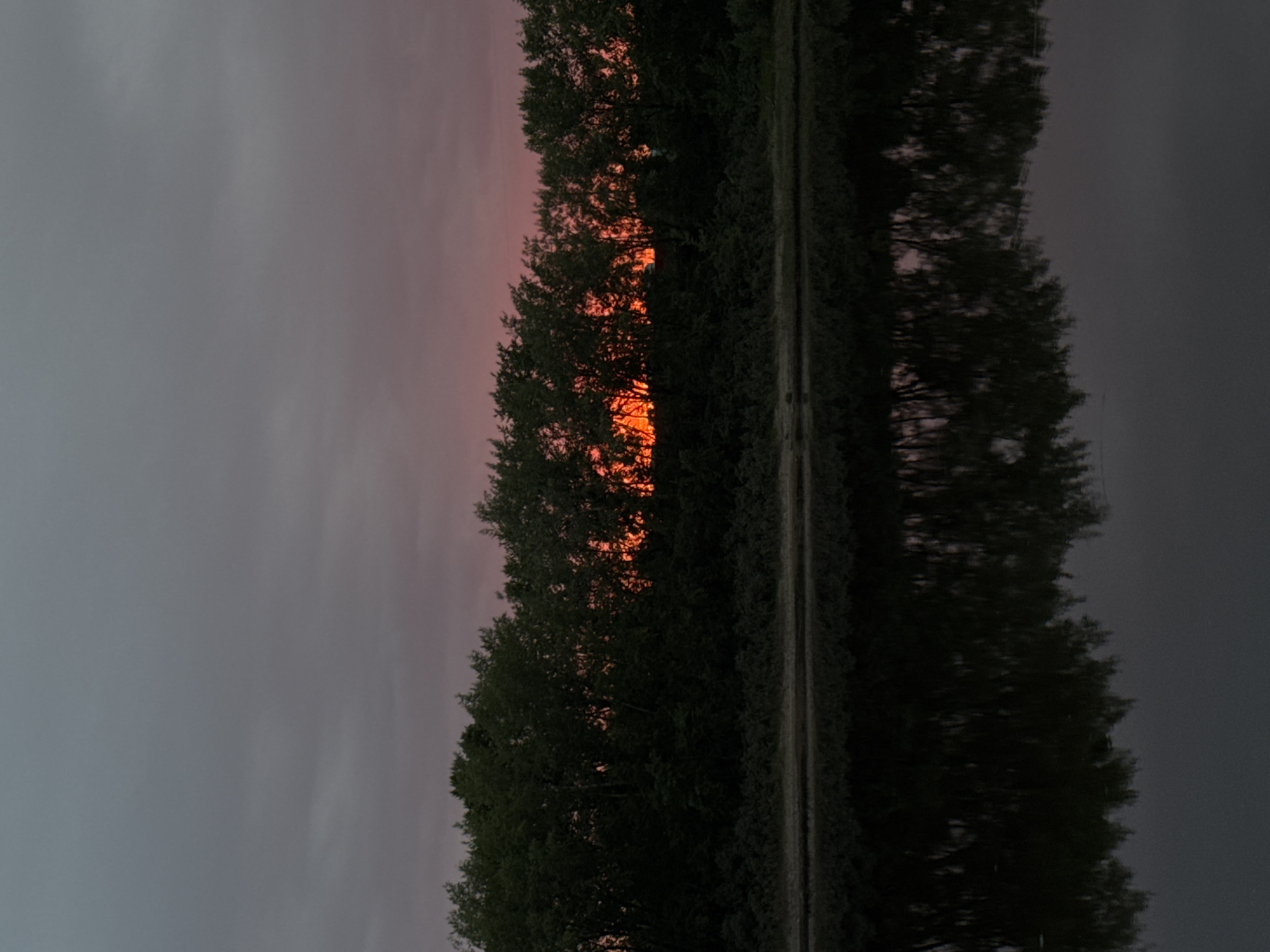 The image captures a serene sunset over a body of water, likely the Kama River, near Chaikovsky, Russia. A dense line of trees forms a dark silhouette against the vibrant sky, with streaks of orange and pink painting the horizon. The water's surface reflects the dusky sky and the tree line, creating a mirror image of the scene. The overall atmosphere is tranquil, suggesting the end of a day. There are no people or animals visible in the frame.