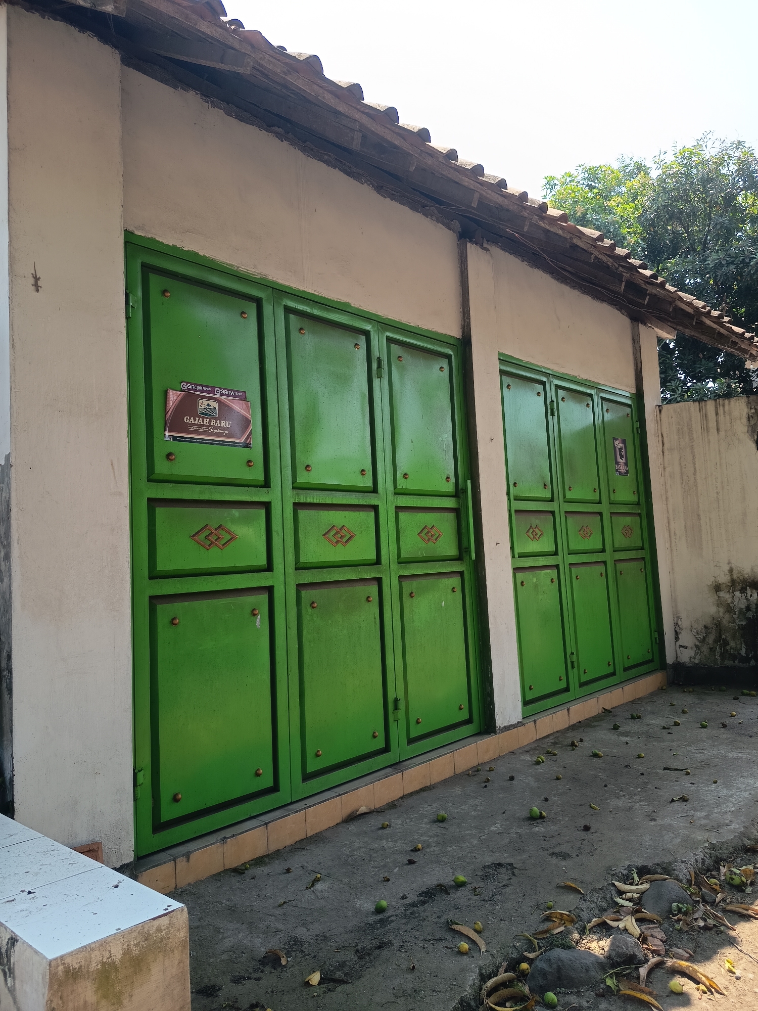 The image captures an outdoor scene in front of a building with a tiled roof and light-colored walls. The building has two large green metal doors, each composed of four panels. A small sign with text and logos is attached to the left-hand door. The ground in front of the building is paved and scattered with several small green fruits, leaves, and some rocks. To the left of the doors, a white rectangular structure is partially visible. The background features trees and a bright sky. The location is identified as Kandangjati Wetan, Indonesia.