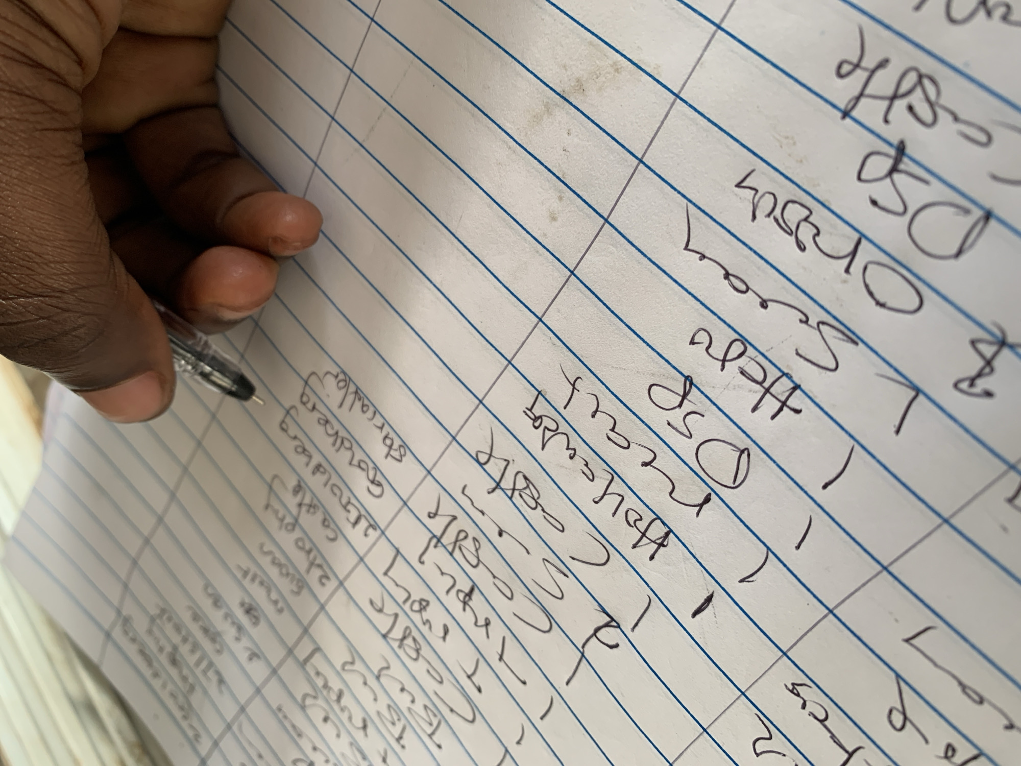 The scene depicts a dark-skinned hand, likely an adult's, holding a transparent ballpoint pen over a sheet of lined paper, in the city of New Stadium, Nigeria. The hand is positioned as if in the act of writing, with the pen's tip touching or hovering just above the paper. The paper is white with blue horizontal lines and faint grey vertical lines, creating a grid for entries. Numerous words and numbers are handwritten in black ink, appearing to be a list or record. Visible handwritten entries include "Swan," "malt," "Susan," "2trophy," "Castle," "Goldberg," "starroller," "Triple," "Holland," "Reach," "DSP," "Hero," "Swan," "Orders," and "Castle," often preceded by numbers such as "1" or "2." The background is blurred and light-toned, suggesting an indoor setting with another surface or objects underneath the paper.