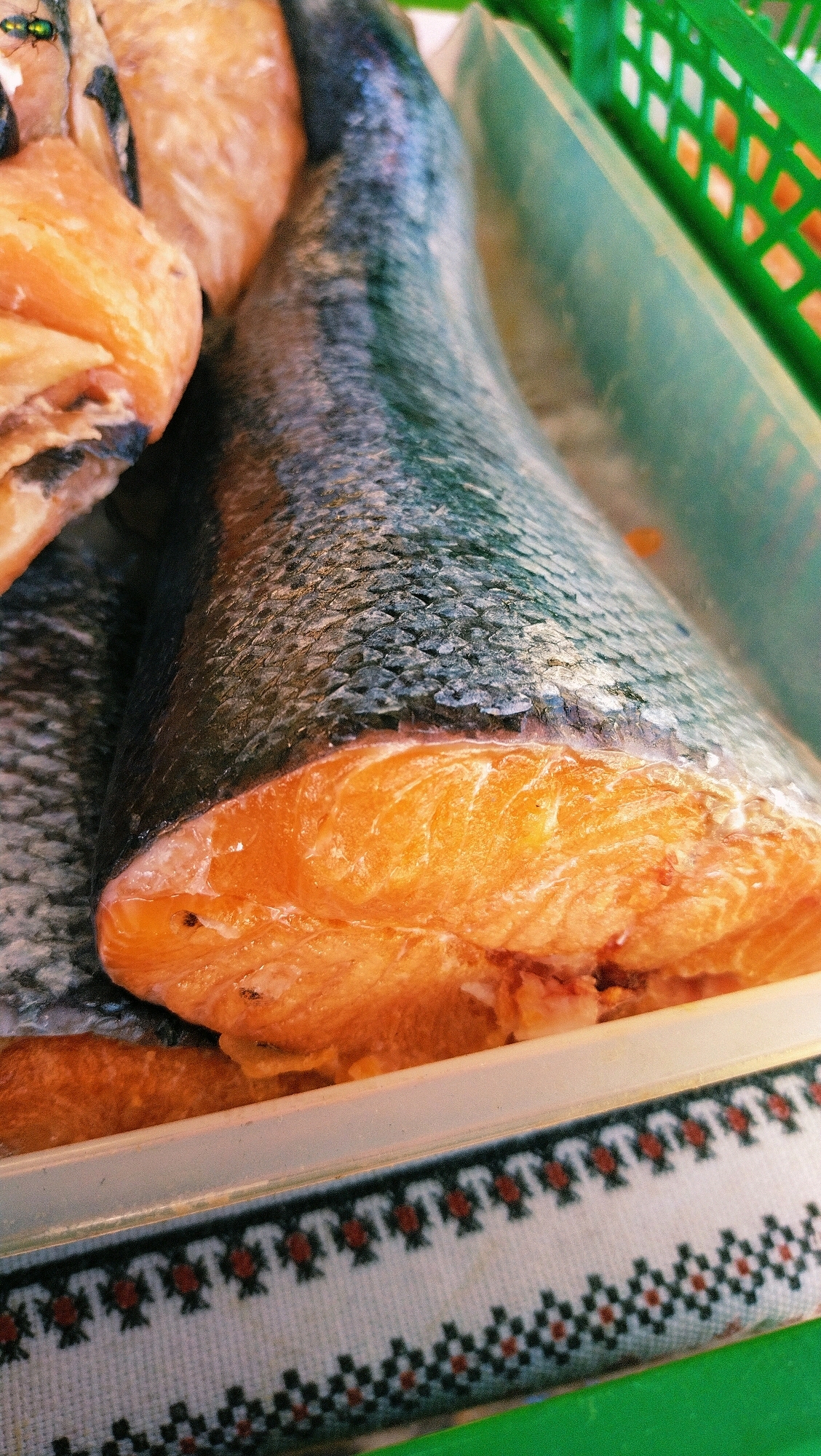 A close-up shot of raw salmon fillets and a whole salmon with its scales visible is presented. The fish is placed in a light blue tray, which is positioned within a green plastic crate. In the background, a white cloth with a black and red patterned trim is visible, resting beneath the tray. The overall impression is a market or fishmonger setting, possibly in Horishni Plavni, Ukraine, though no specific location details are present in the image.
