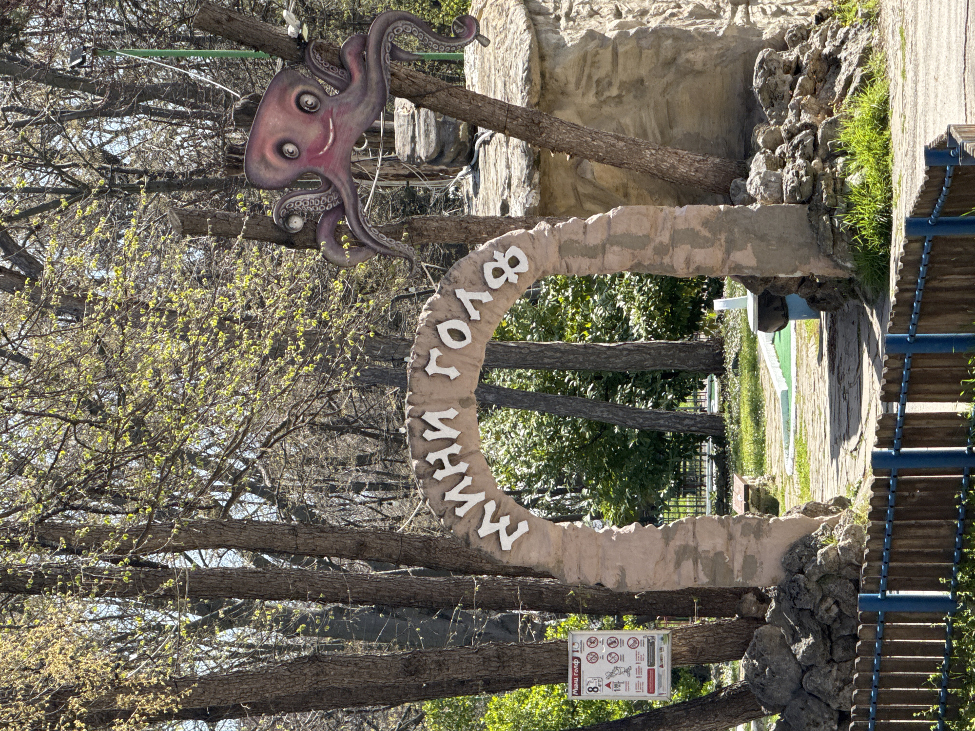 The image displays an outdoor scene, likely the entrance to a miniature golf course or similar recreational area, illuminated by bright daylight. A prominent, arch-shaped structure, appearing to be made of light-colored concrete or plaster, forms a gateway.
Above the arch, a large, whimsical octopus figure with a purple and pink hue, cartoonish eyes, and a smiling expression is suspended from a tree branch. Its tentacles are coiled and detailed. The arch itself features raised white letters in Cyrillic, spelling out "МИНИ ГОЛФ" (MINI GOLF).
To the left of the arch, a white rectangular sign is attached to a tree trunk. It is topped with the same "МИНИ ГОЛФ" text and presents various rules and guidelines through pictograms and text. Visible symbols indicate restrictions such as no smoking, no running, no littering, and no pets, along with requirements like adult supervision for children under 8.
The surrounding area is abundant with trees, many showing early signs of spring with light green buds and nascent leaves on their otherwise bare branches. Beyond the arch, a paved path leads into a space featuring green grass and what appears to be part of a miniature golf course. To the right, a wooden walkway or bridge with blue railings is visible, suggesting additional recreational activities. The ground is a mix of natural rock formations, grass, and paved surfaces. No individuals are present in the scene, and the overall atmosphere is bright and inviting.