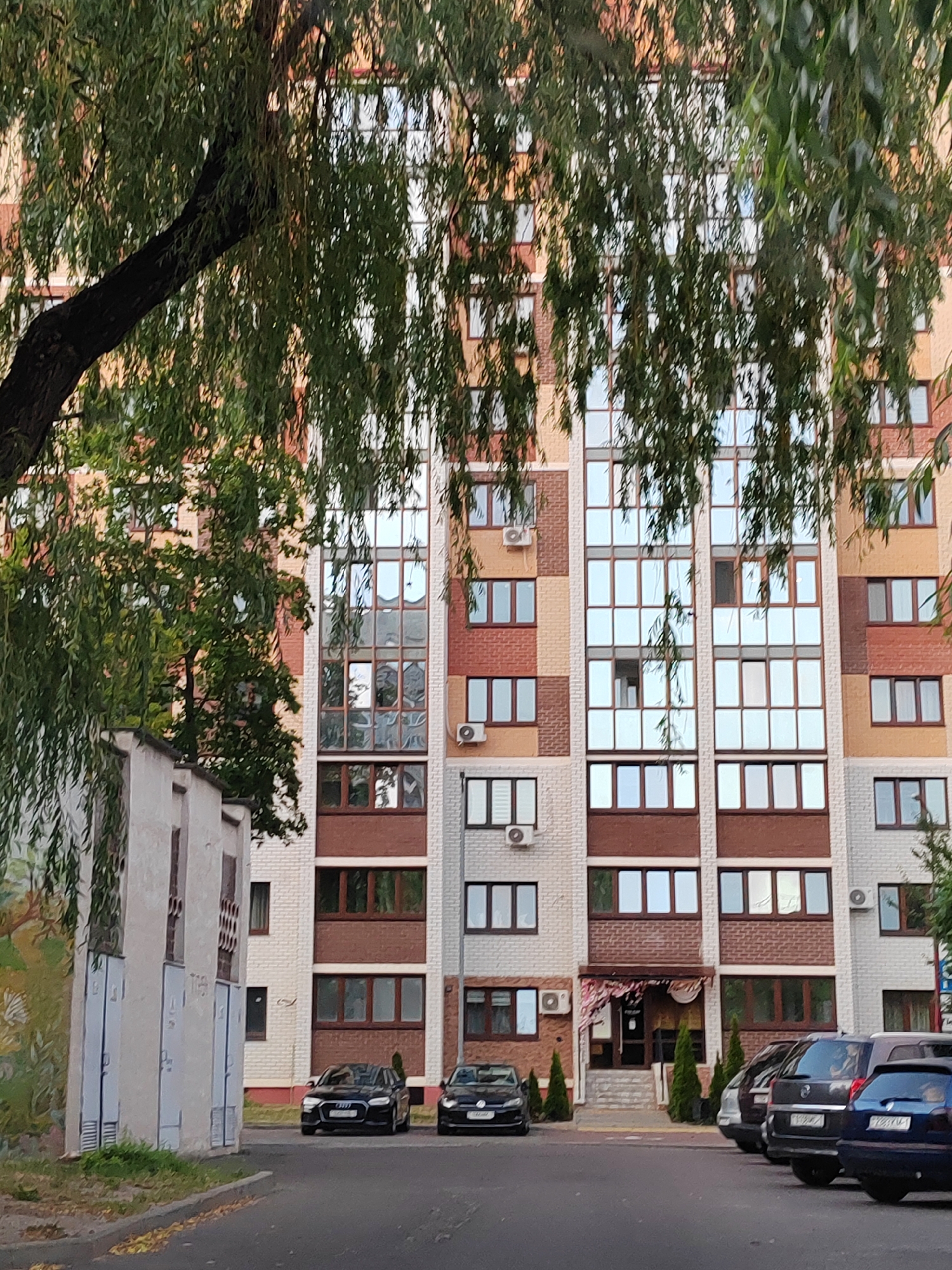 This image captures a street view in the city of Brest, Belarus. A modern apartment building with a brick facade in shades of beige, brown, and reddish-orange dominates the background. The building features numerous large windows with reflective glass, characteristic of contemporary architecture. Several air conditioning units are visible mounted on the exterior walls. In the foreground, a large tree with weeping branches partially obscures the view of the building, its leaves casting shadows. To the left, a low, light-colored structure with vertical paneling and visible ventilation grates stands adjacent to the main building. Several cars are parked along the asphalt road in front of the apartment building, including a black Audi and a dark Volkswagen. The scene appears to be set in the daytime, with soft lighting.