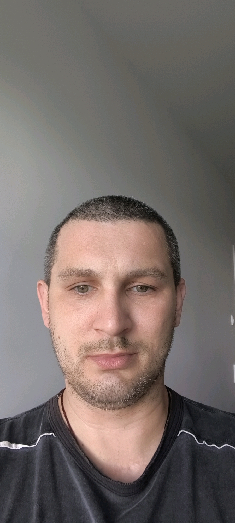 A headshot of a man with short brown hair and a beard. He is wearing a dark t-shirt. The background is a plain grey wall. The man appears to be indoors, possibly in a home or studio. There is no indication of the specific location within Wolgast, Germany.