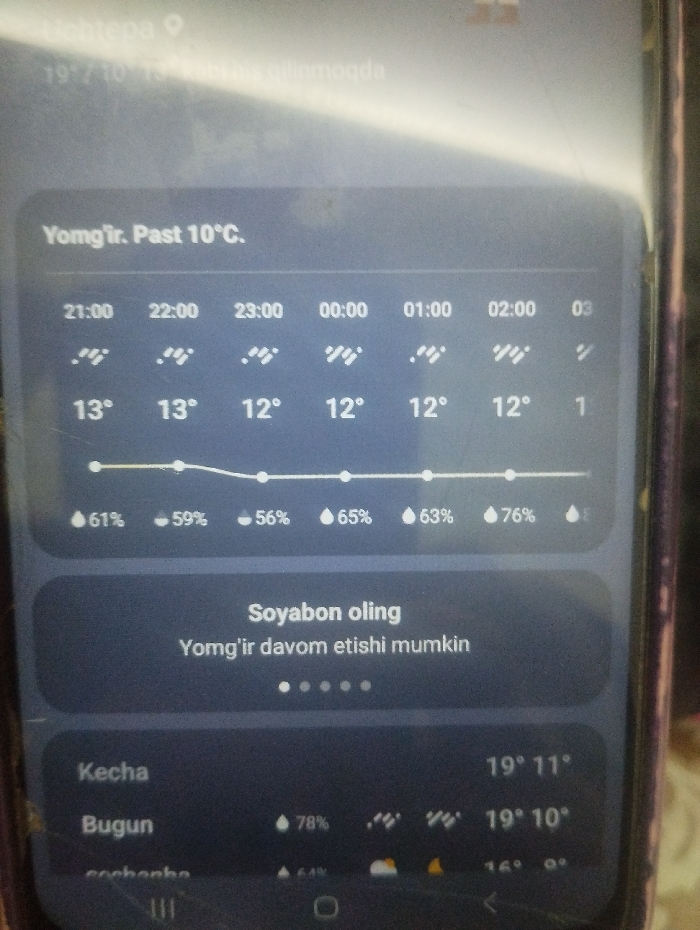 The image displays a close-up view of a smartphone screen, showcasing a weather application. The phone itself appears to be dark-colored, with visible smudges, fingerprints, and glare on the screen. The background outside the phone is out of focus, suggesting an indoor setting or a shallow depth of field.
The weather application is the central focus, presenting a detailed forecast. At the very top, the location "Uchtepa" is visible. Below it, there's a partial reading of "19°/10°" and some text that looks like "kabi ius qilinmoqda."
A prominent banner states "Yomg'ir. Past 10°C." (Rain. Below 10°C.).
Below this, an hourly forecast section is displayed, showing conditions from 21:00 to 03:00.
- **Times:** 21:00, 22:00, 23:00, 00:00, 01:00, 02:00, 03 (likely 03:00).
- **Weather Icons:** For each hour, an icon resembling light rain or drizzle (three diagonal lines) is shown.
- **Temperatures:** 13°C at 21:00 and 22:00; 12°C from 23:00 to 02:00. The temperature for 03:00 is partially visible as "1", potentially indicating 1°C or an incomplete reading.
- **Precipitation/Humidity:** A drop icon is followed by percentages: 61% (21:00), 59% (22:00), 56% (23:00), 65% (00:00), 63% (01:00), 76% (02:00). These likely represent the chance of precipitation or humidity levels.
Further down, a rectangular alert box contains a recommendation: "Soyabon oling" (Take an umbrella). Beneath this, more text reads "Yomg'ir davom etishi mumkin" (Rain may continue).
At the bottom of the screen, a daily forecast section is partially visible:
- **Kecha** (Yesterday): Shows a high of 19° and a low of 11°.
- **Bugun** (Today): Shows a high of 19° and a low of 10°. A drop icon with "78%" and rain icons are present.
- A third day, partially readable as "cochonbe" or "ertanbe" (likely referring to "Ertaga" - tomorrow), shows a high of 16° and a low of 9°, accompanied by a cloud icon and a warning triangle.
The language used throughout the application appears to be Uzbek. The phone's bottom navigation bar, with a home button and back button, is also visible.